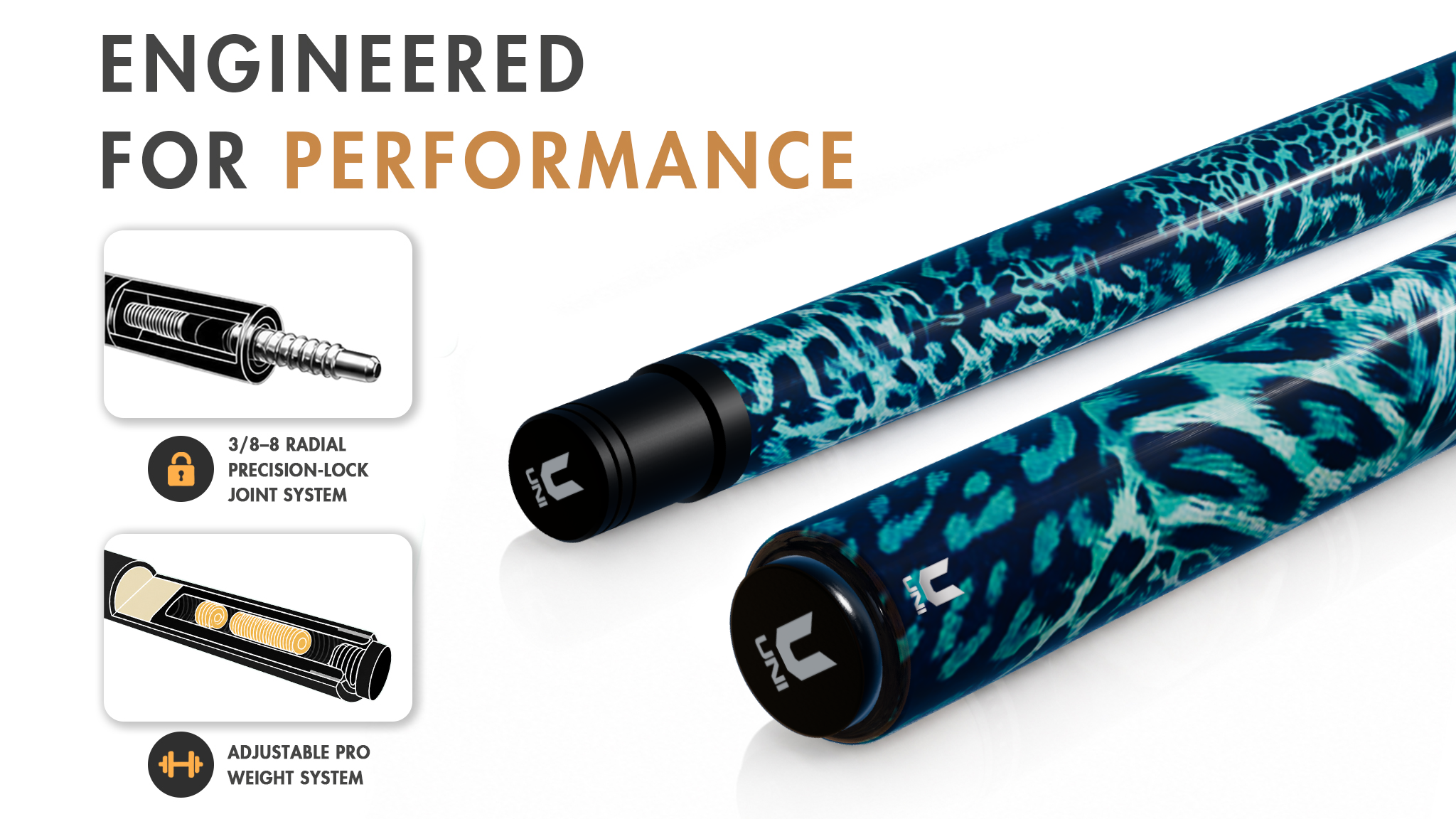 Uni Teal Leopard Print Carbon  Pool Cue | Animal Print - Detail 1