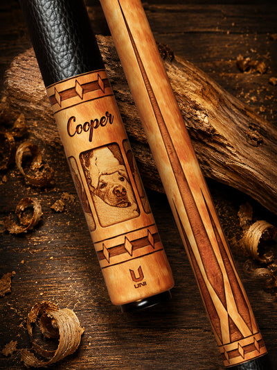 Uni Dog Wood Cut Carbon Fiber Pool Cue | Pet Photo