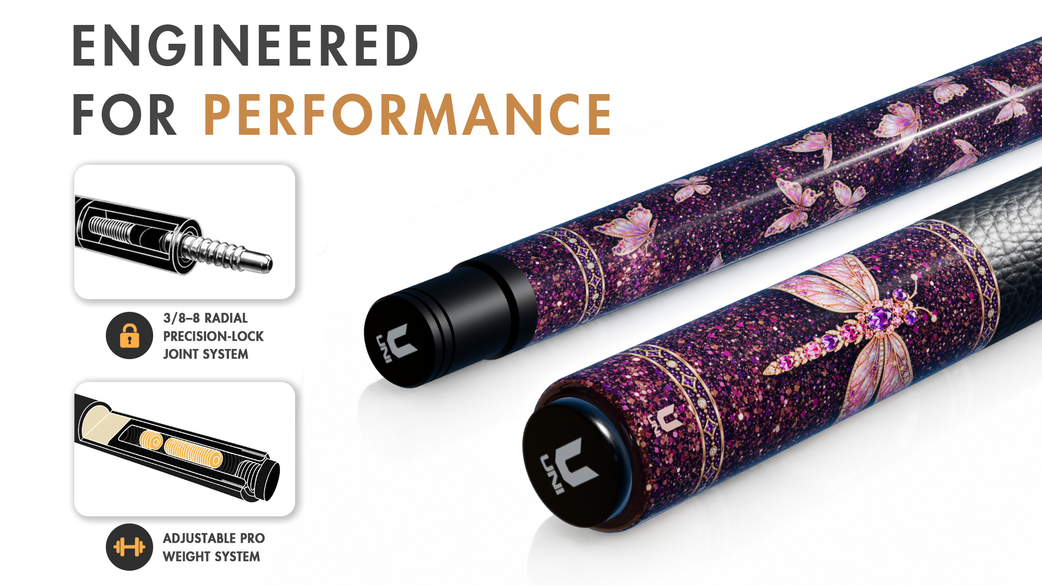Uni Dragonfly and Butterfly Carbon Fiber Pool Cue | Nature Elegance - Detail 1