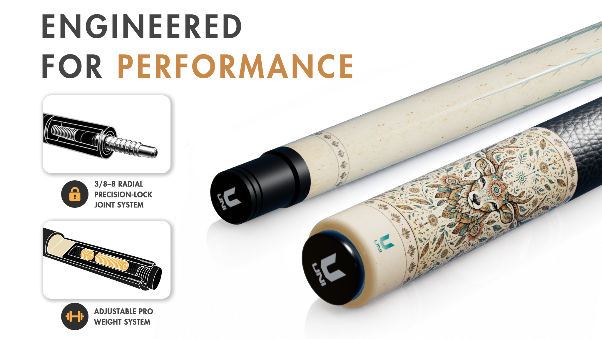 Uni Boho Deer Carbon Fiber Pool Cue | Mystic Antler Mandala Design - Detail 1