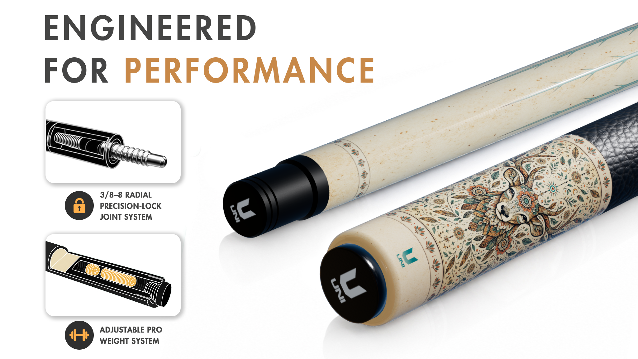 Uni Boho Deer Carbon Fiber Pool Cue | Mystic Antler Mandala Design - Detail 1