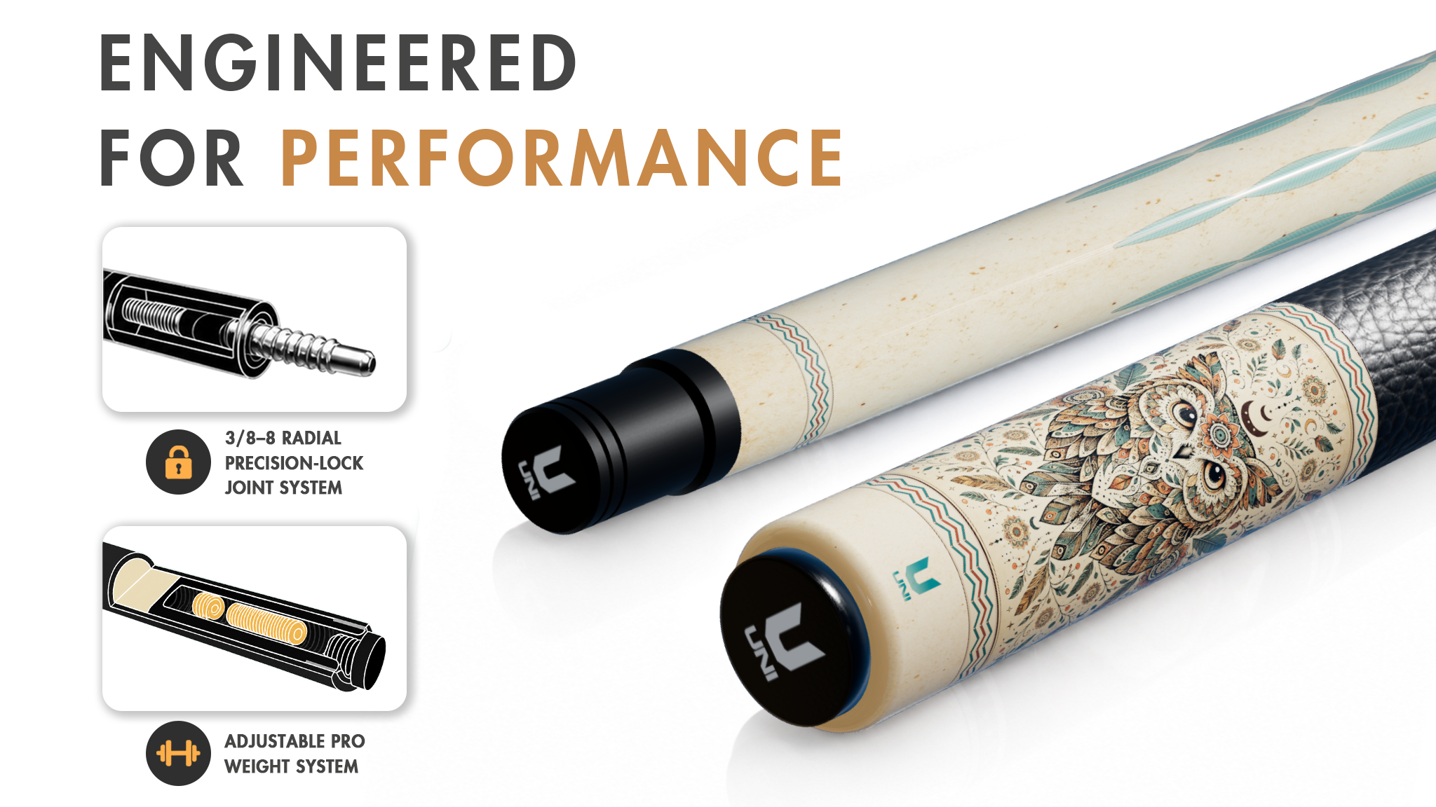 Uni Boho Owl Carbon Fiber Pool Cue | Boho Mandala Design - Detail 1