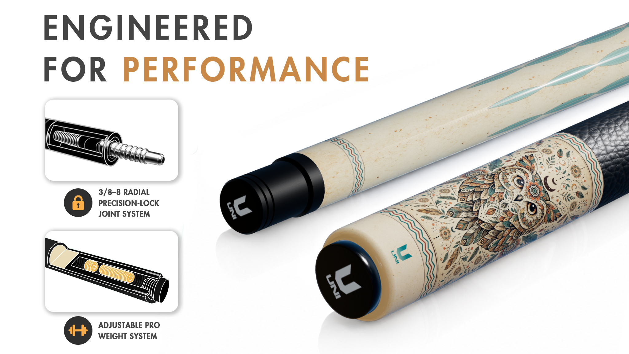 Uni Boho Owl Carbon Fiber Pool Cue | Boho Mandala Design - Detail 1