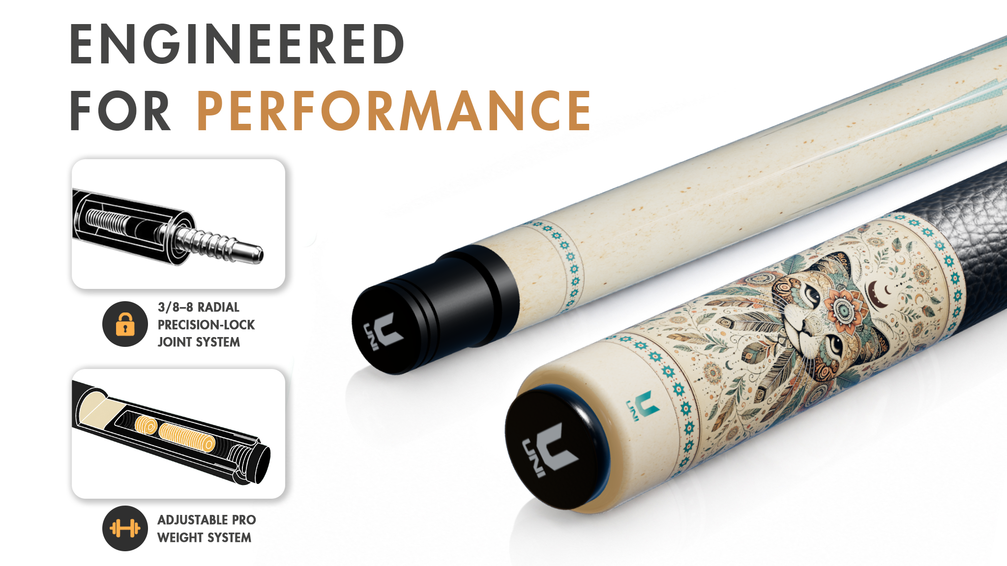 Uni Boho Cat Carbon Fiber Pool Cue | Bohemian Mandala Turquoise - Detail 1