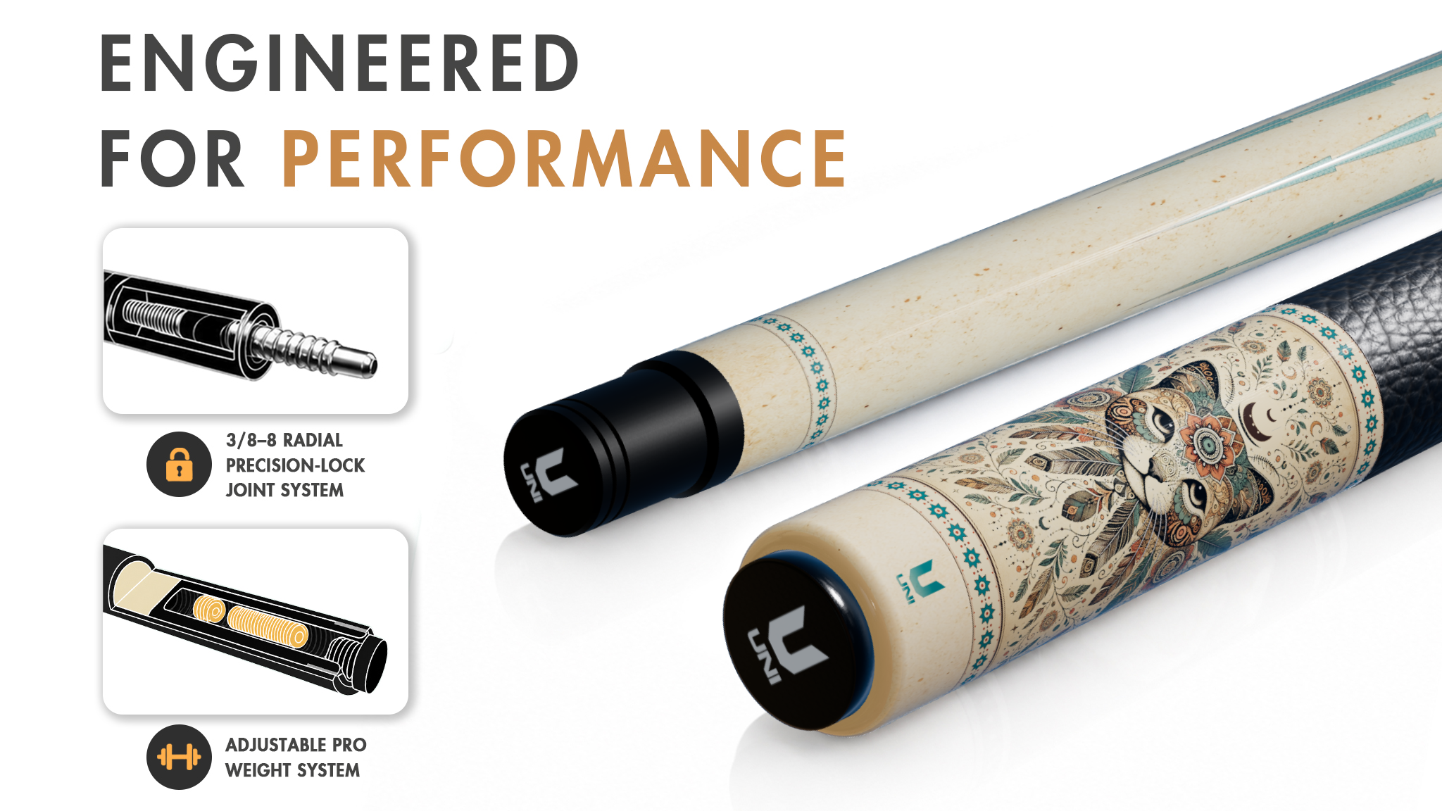 Uni Boho Cat Carbon Fiber Pool Cue | Bohemian Mandala Turquoise - Detail 1