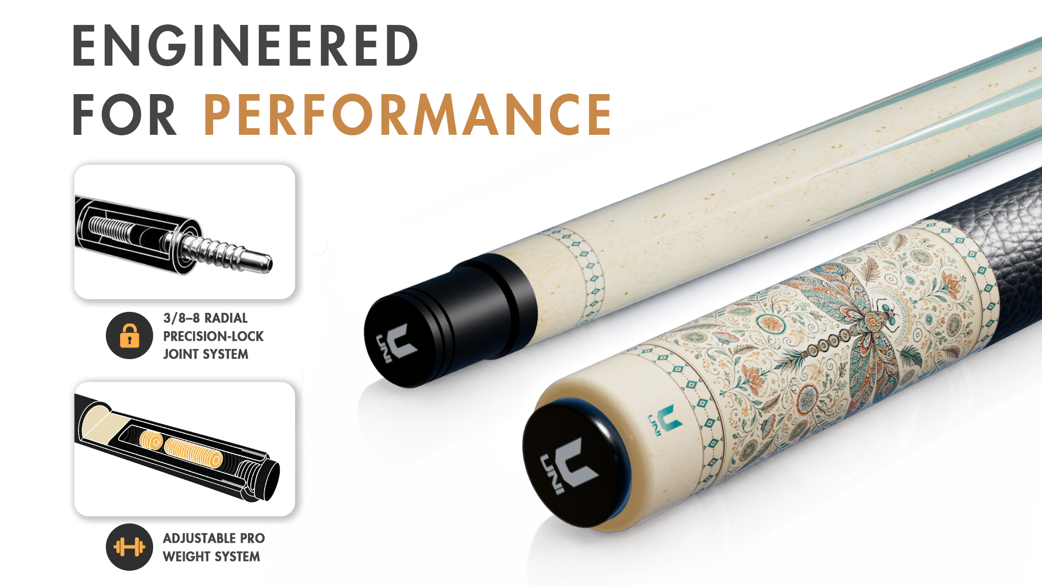 Uni Dragonfly Mandala Carbon Fiber Pool Cue | Bohemian Turquoise - Detail 1