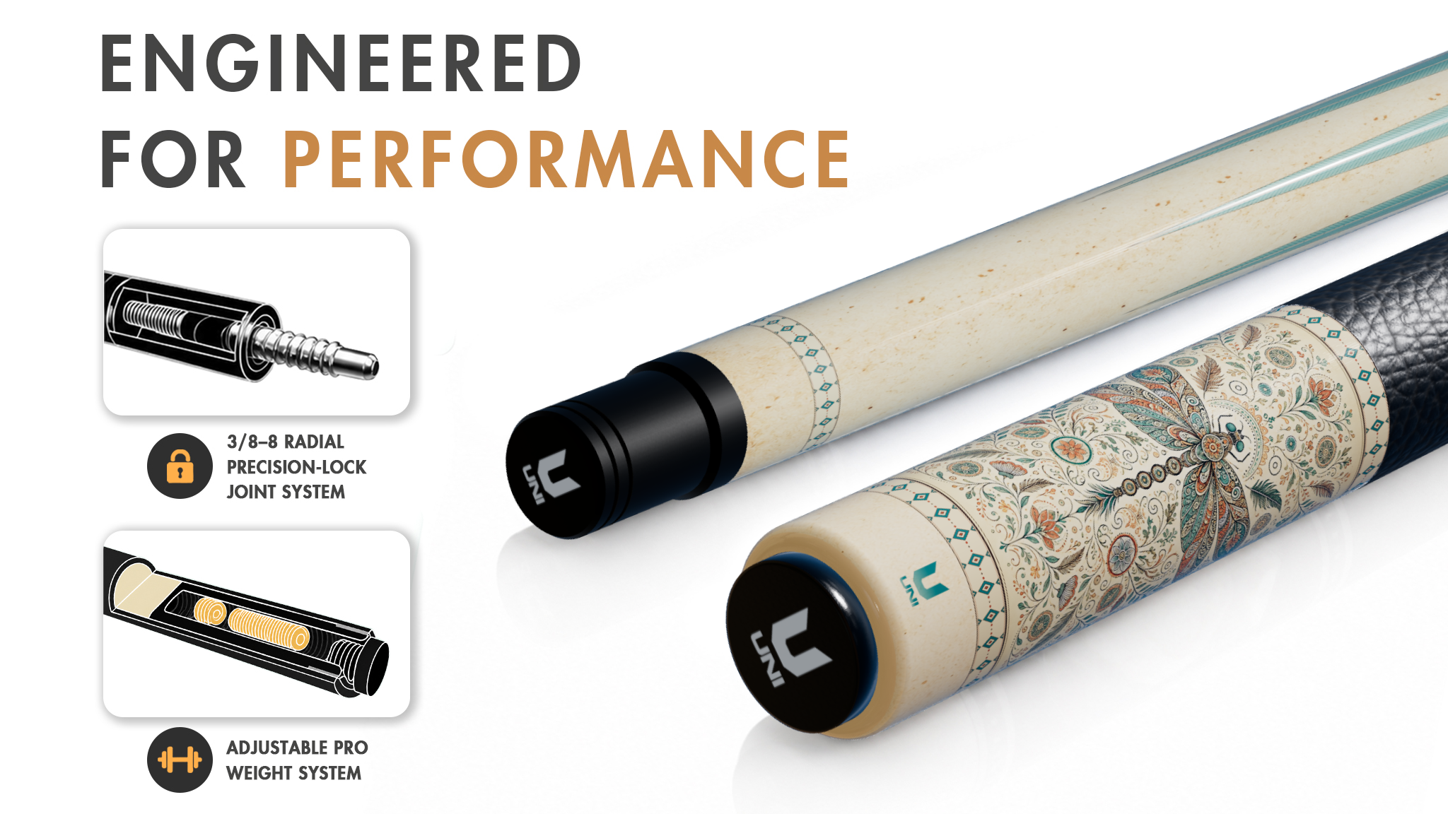 Uni Dragonfly Mandala Carbon Fiber Pool Cue | Bohemian Turquoise - Detail 1