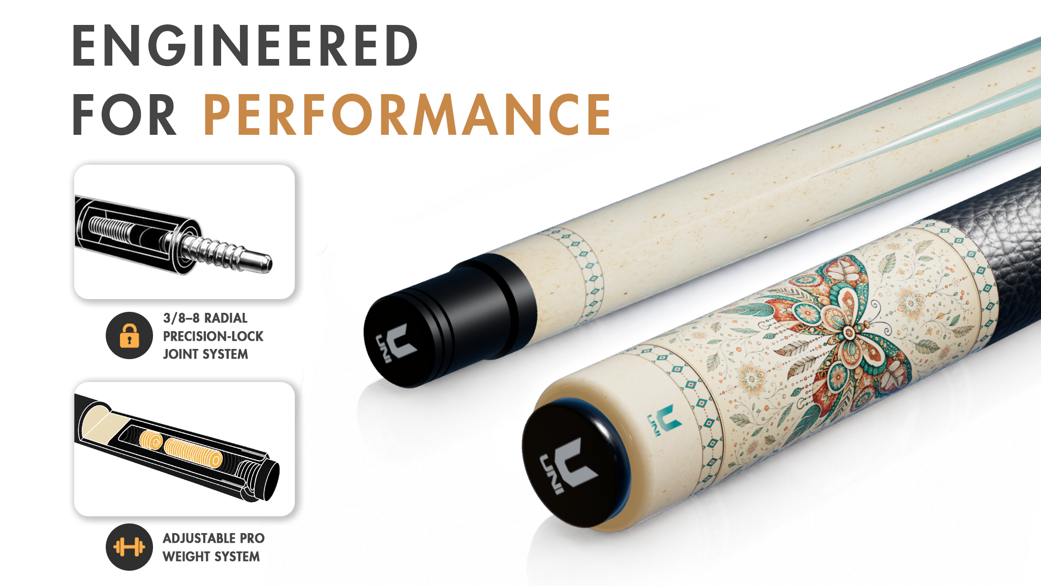 Uni Boho Butterfly Carbon Fiber Pool Cue | Mandala Design - Detail 1