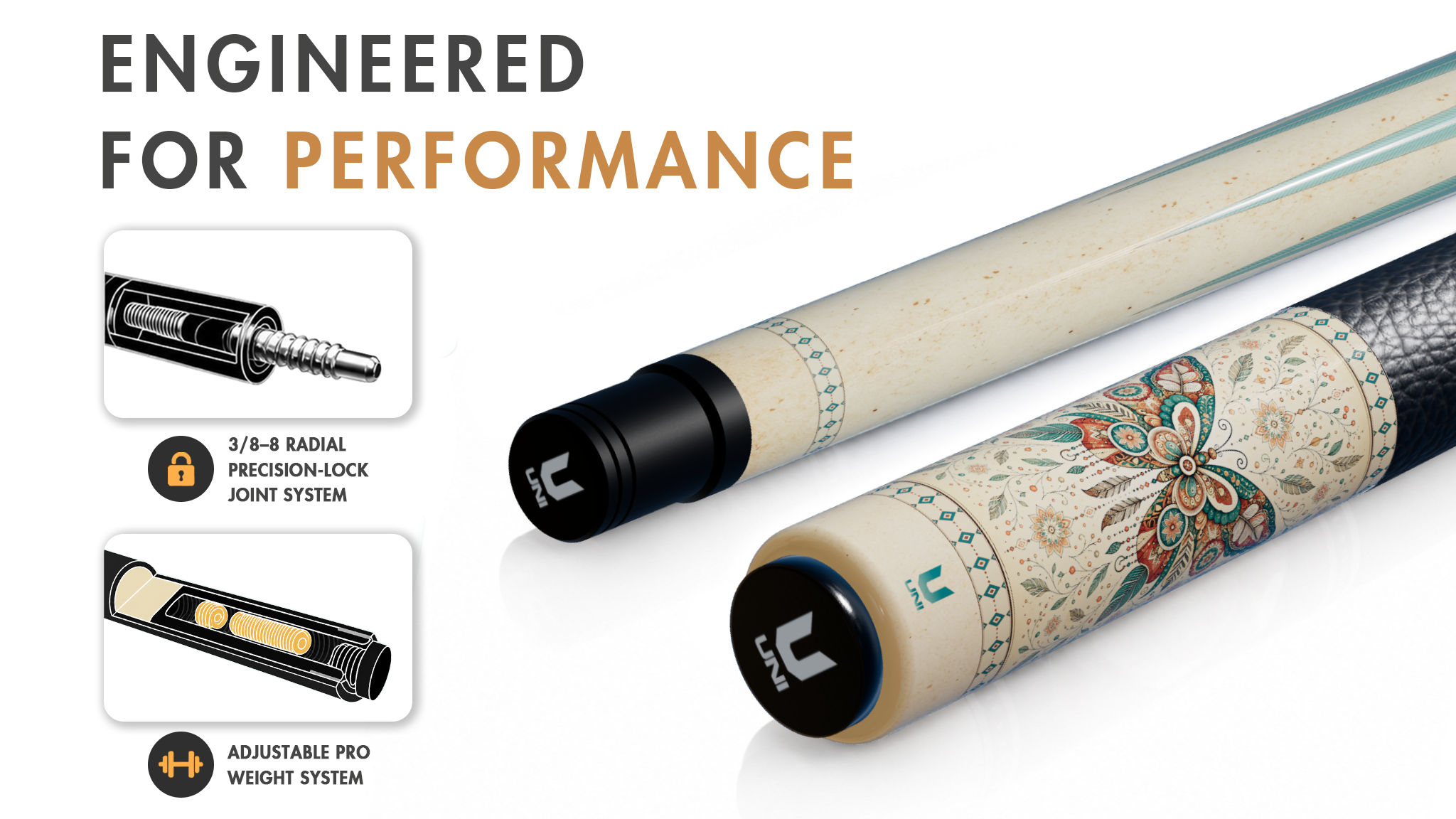 Uni Boho Butterfly Carbon Fiber Pool Cue | Mandala Design - Detail 1