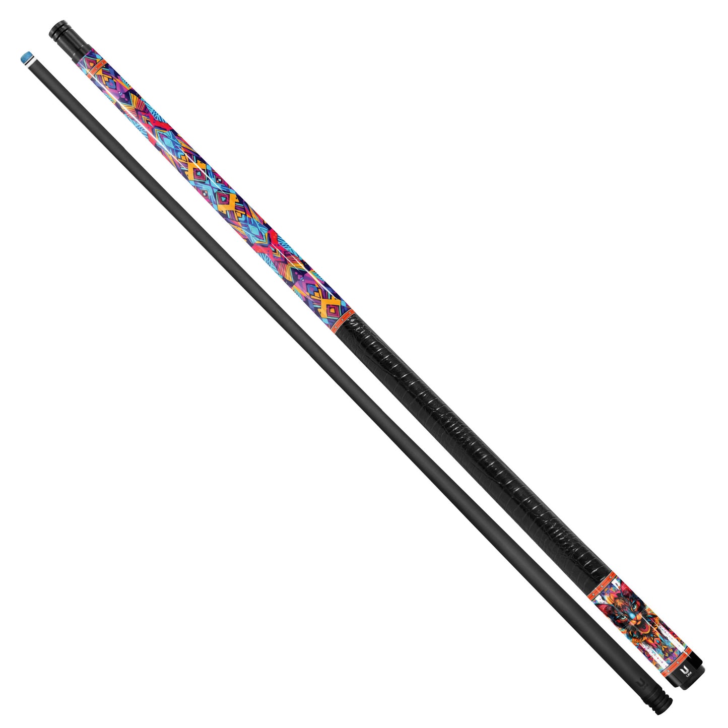 Kaleidoscope Guardian Cat Carbon Fiber Pool Cue - Modern Tribal Geometric & Vibrant Art Professional Stick