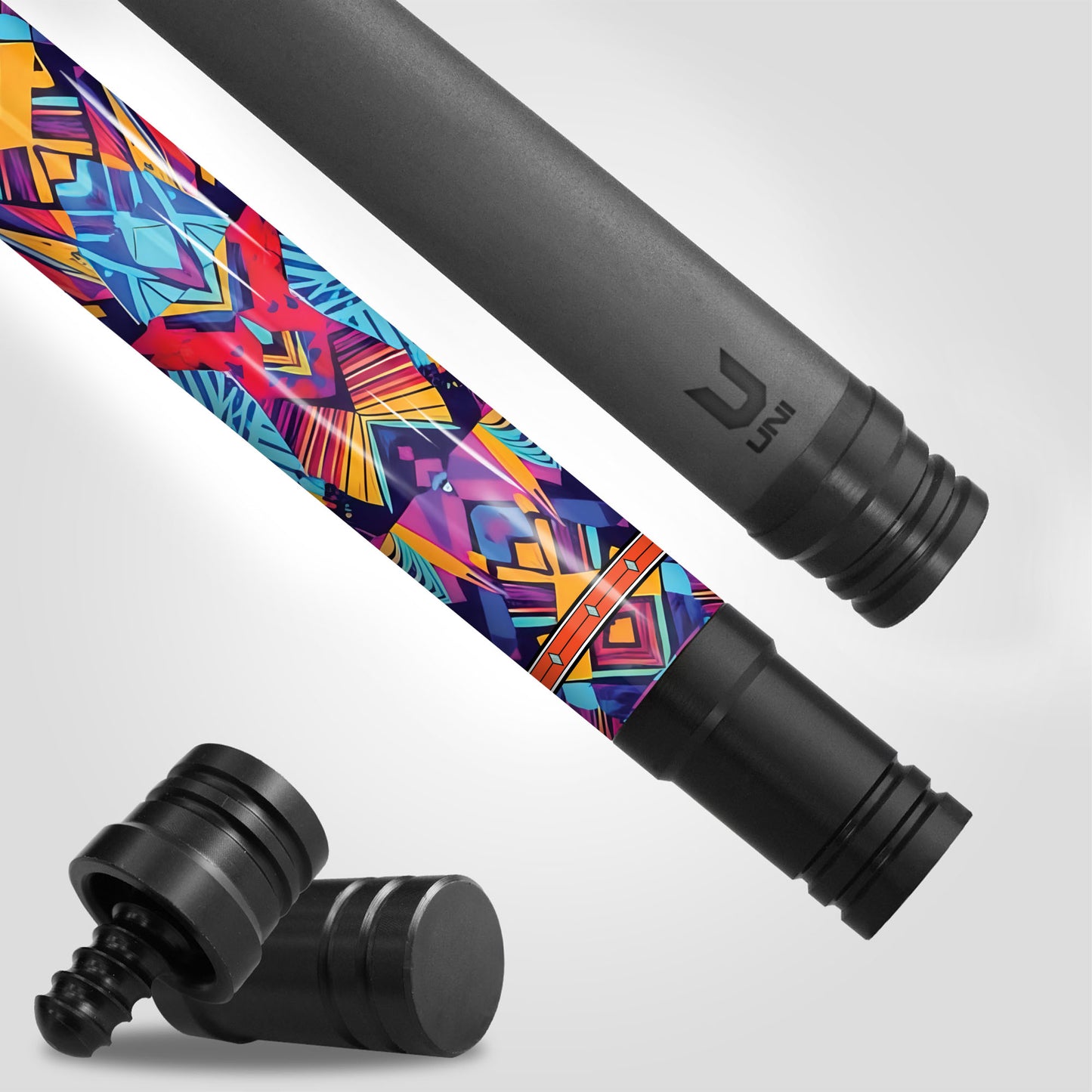 Kaleidoscope Guardian Cat Carbon Fiber Pool Cue - Modern Tribal Geometric & Vibrant Art Professional Stick