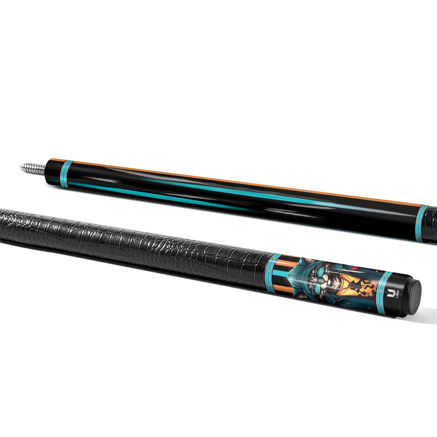 Cyber-Hoodie Cat Carbon Fiber Pool Cue - Futuristic Teal & Orange Streetwear Art Stick