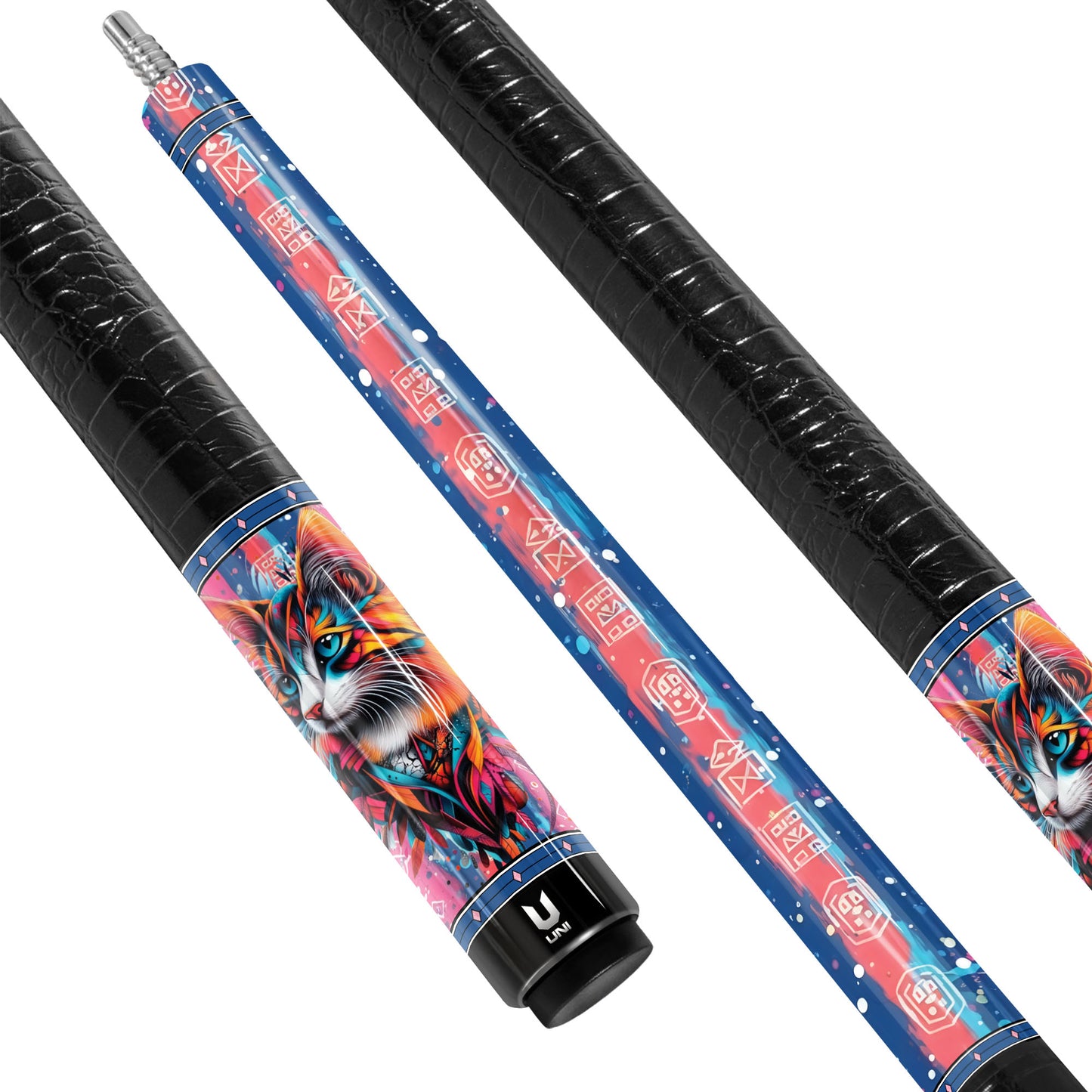 Abstract Urban Cat Carbon Fiber Pool Cue - Graffiti Splatter & Neon Rune Art Elite Stick