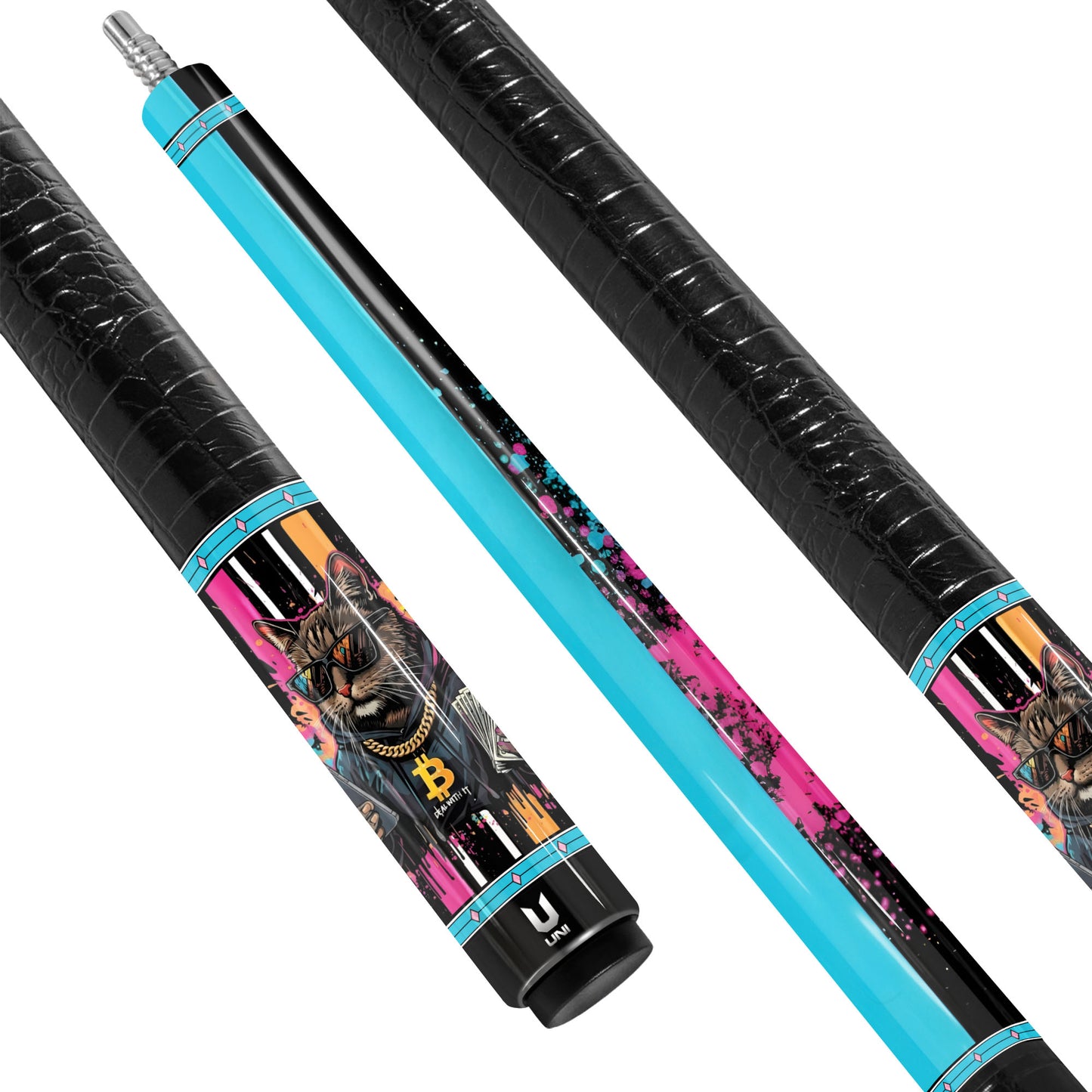 Bitcoin Rich Cat Carbon Fiber Pool Cue - Crypto Boss & Neon Graffiti Art Stick