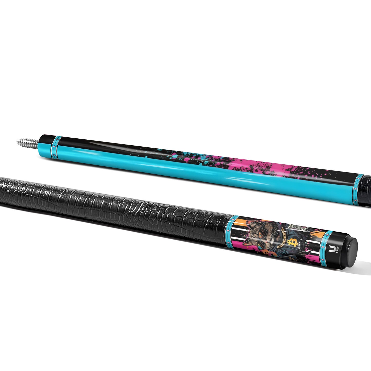 Bitcoin Rich Cat Carbon Fiber Pool Cue - Crypto Boss & Neon Graffiti Art Stick