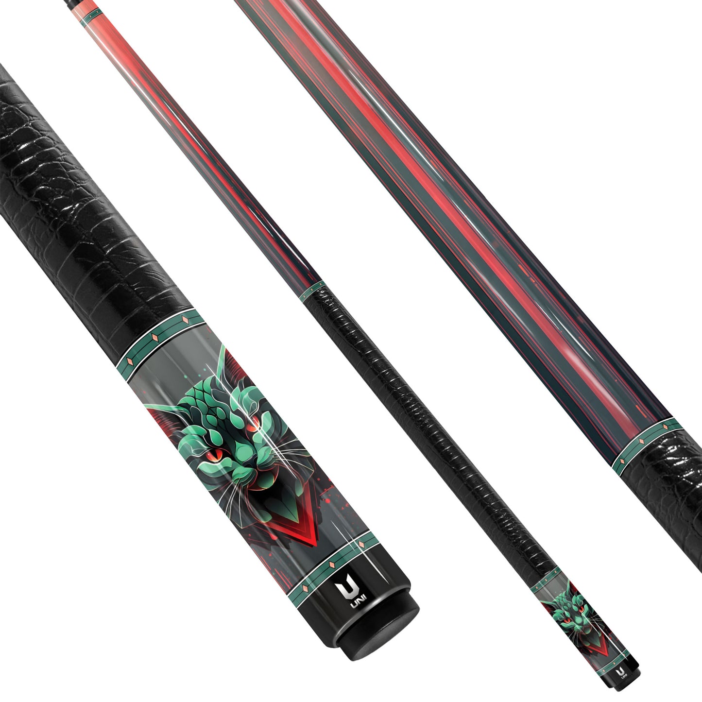 Cybernetic Predator Cat Carbon Fiber Pool Cue - Digital Glitch & Red Neon Tech Art Stick