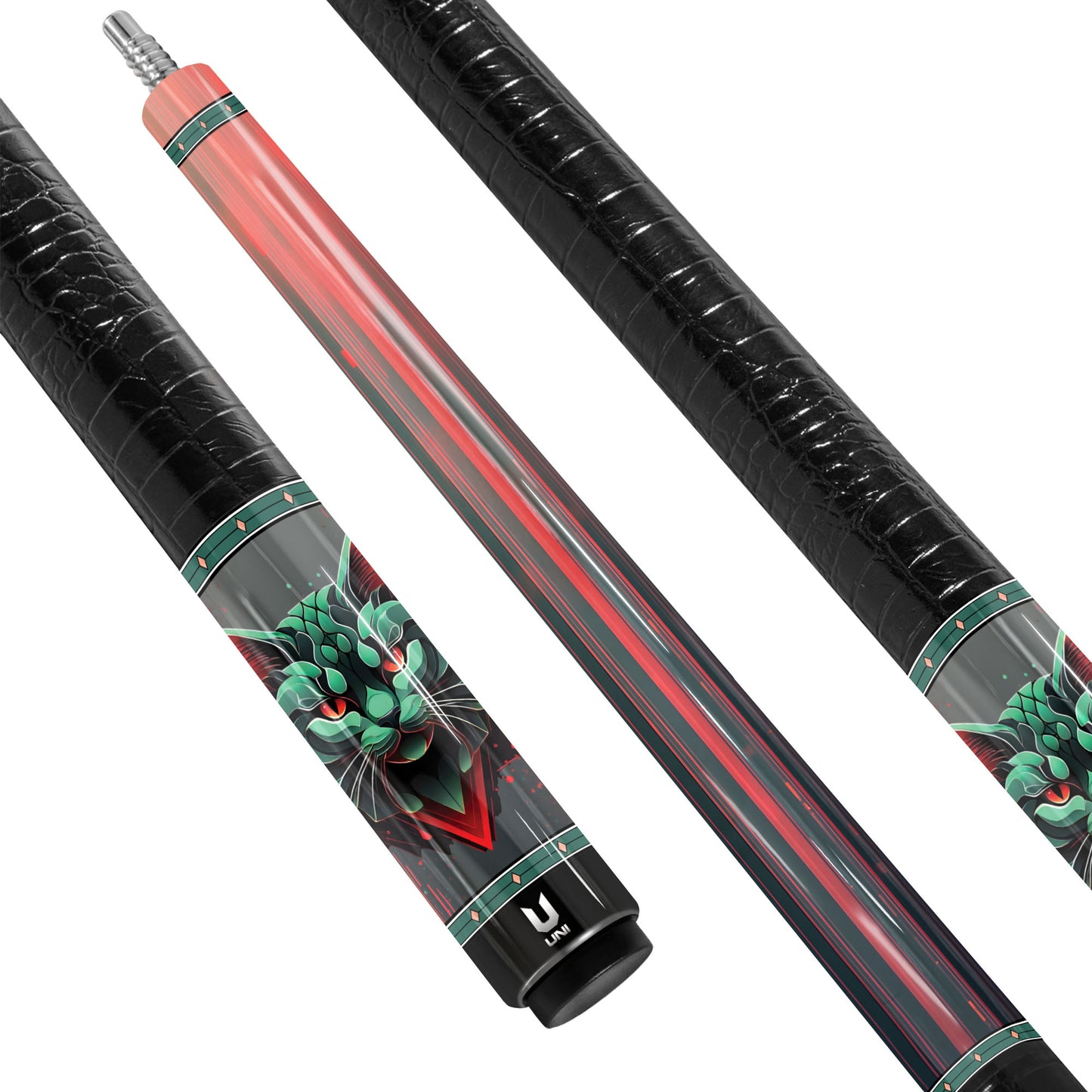 Cybernetic Predator Cat Carbon Fiber Pool Cue - Digital Glitch & Red Neon Tech Art Stick