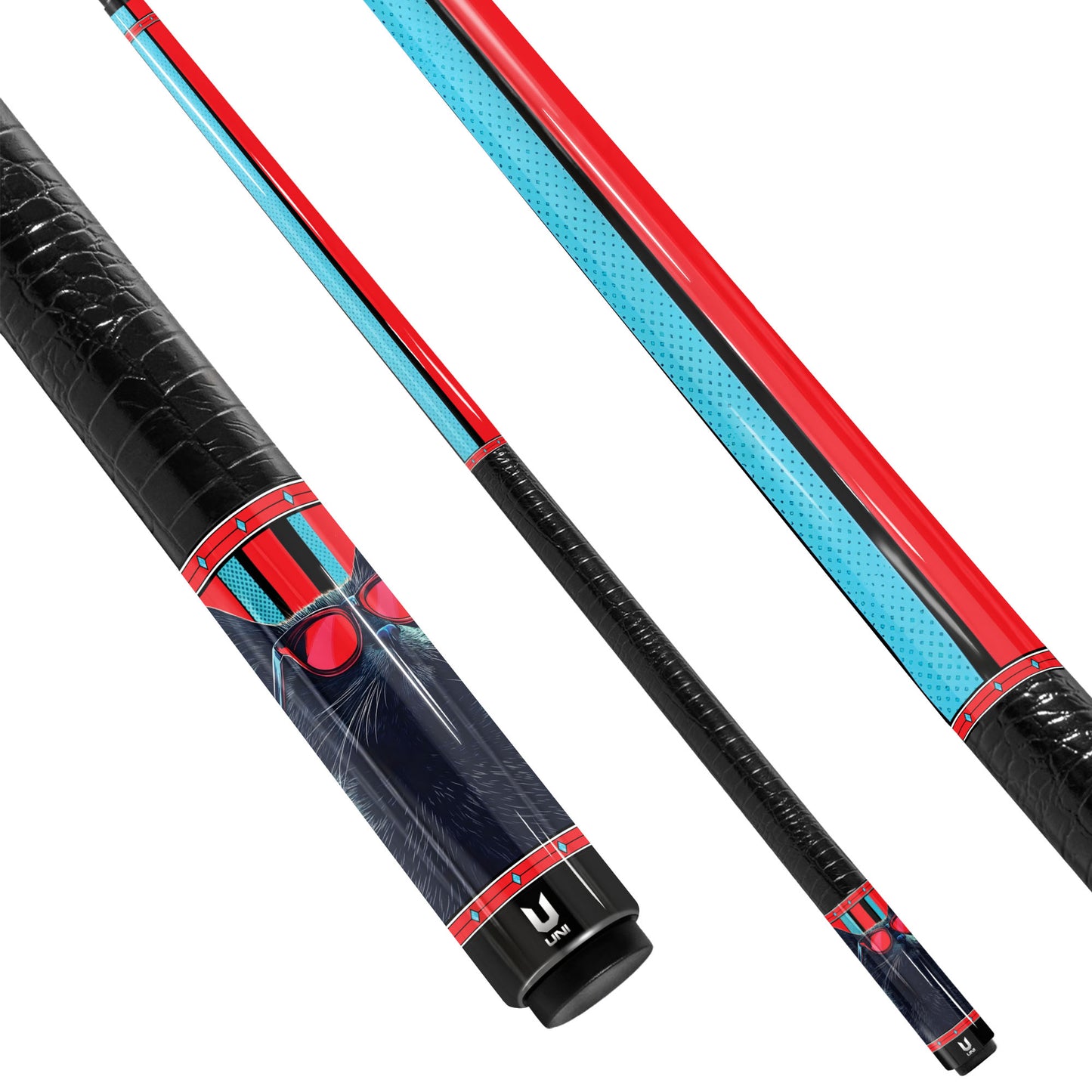 Retro-Pop Black Cat Carbon Fiber Pool Cue - Red & Teal Half-Tone Art Professional Stick