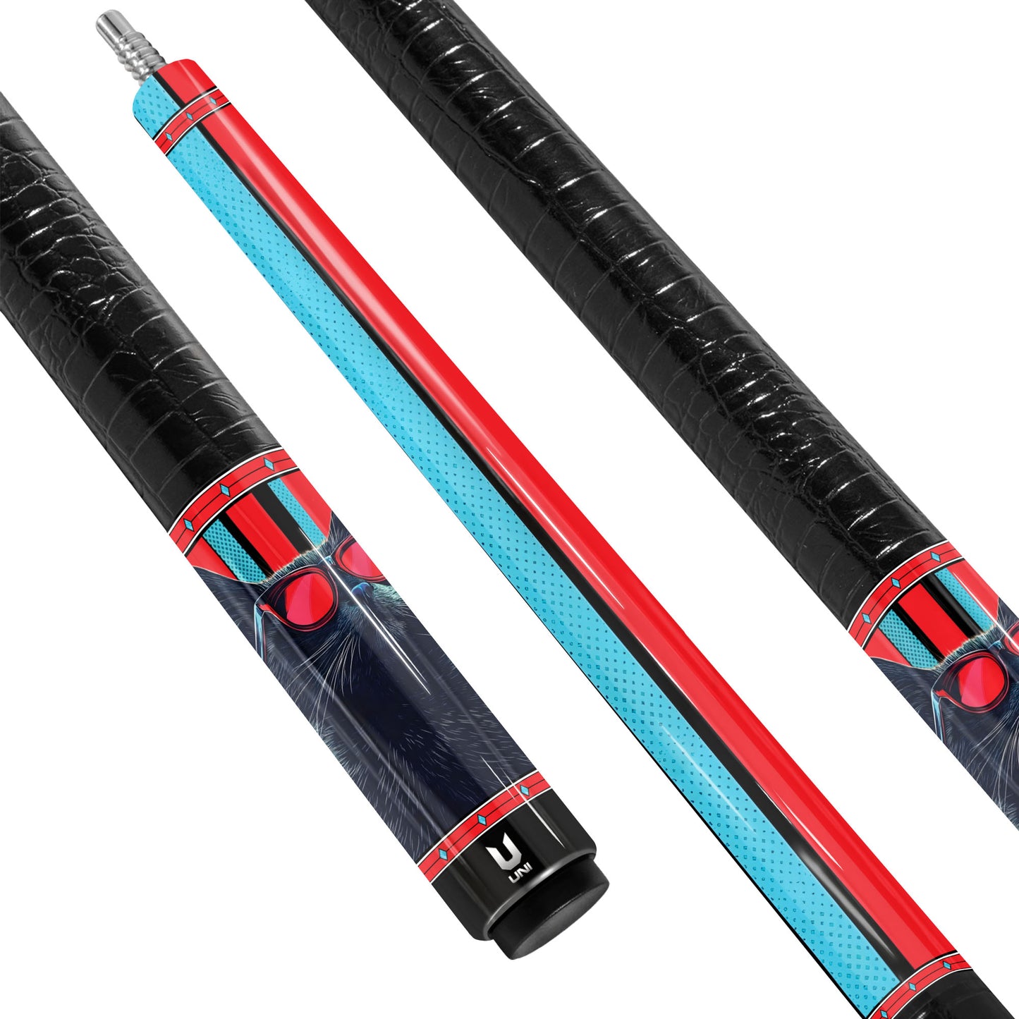 Retro-Pop Black Cat Carbon Fiber Pool Cue - Red & Teal Half-Tone Art Professional Stick