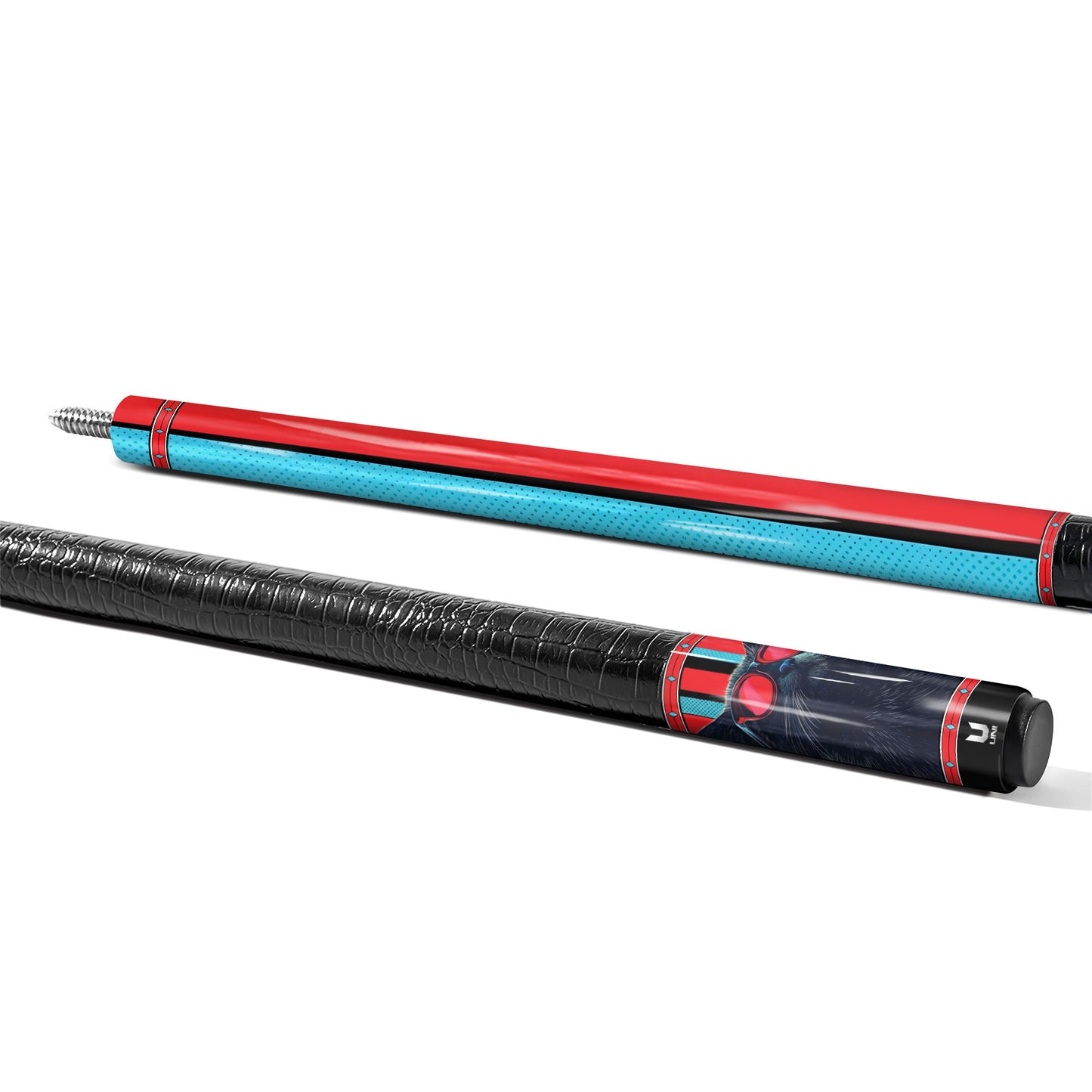 Retro-Pop Black Cat Carbon Fiber Pool Cue - Red & Teal Half-Tone Art Professional Stick