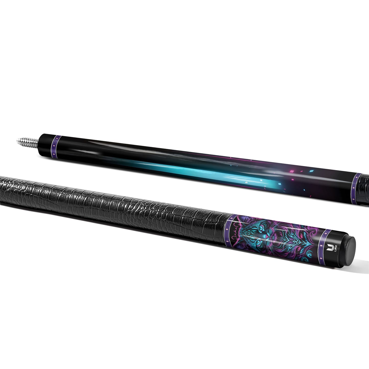 Mystical Glow Cat Carbon Fiber Pool Cue - Teal & Purple Neon Mandala Art Professional Stick