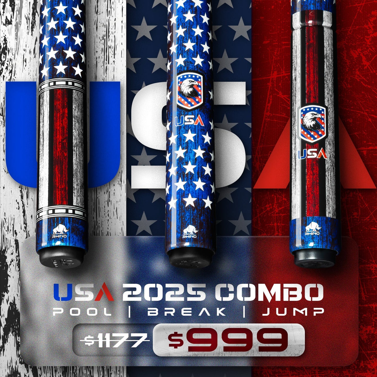 USA 2025 COMBO: Pool Cue + Jump Cue + Break Cue