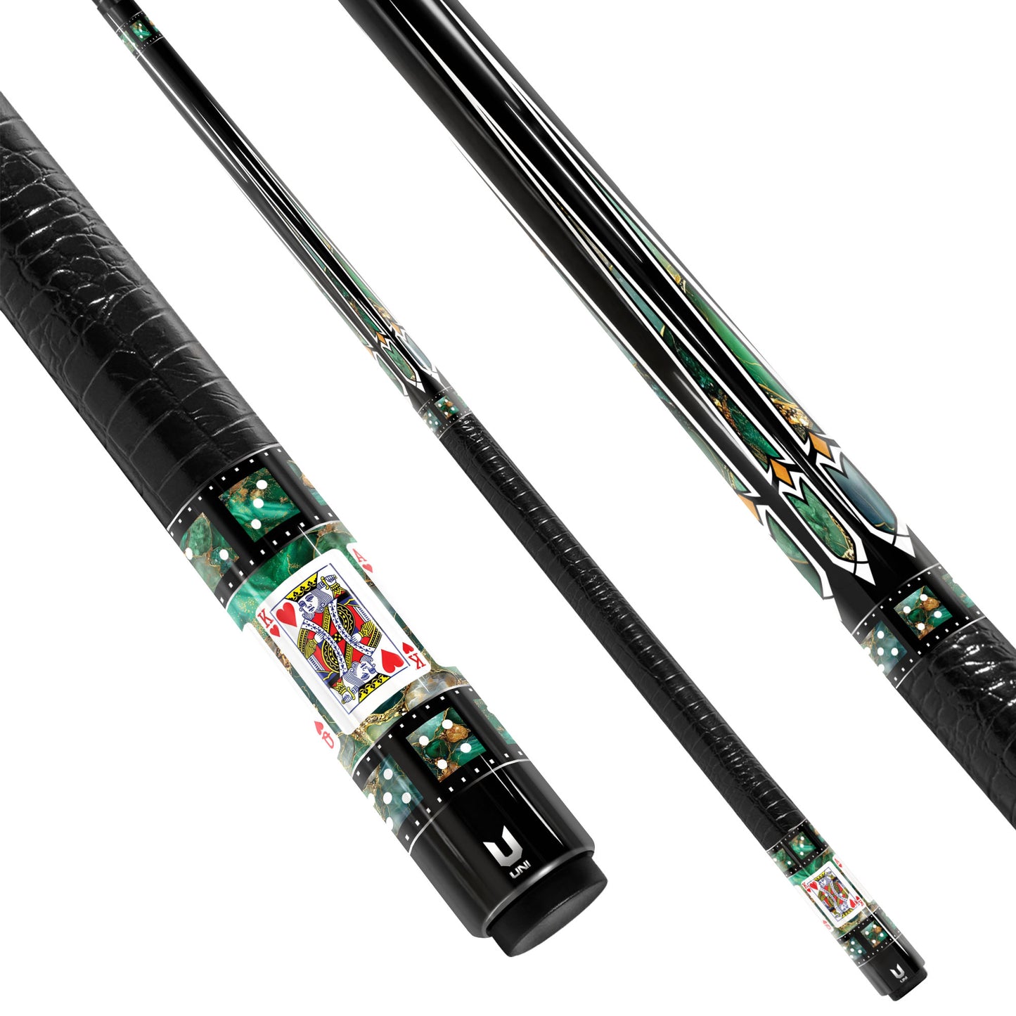 Elite Emerald Casino Carbon Fiber Pool Cue - Green Malachite & Gold Inlay Royal Flush Edition Stick
