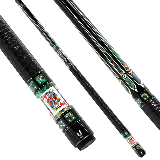 Elite Emerald Casino Carbon Fiber Pool Cue - Green Malachite & Gold Inlay Royal Flush Edition Stick