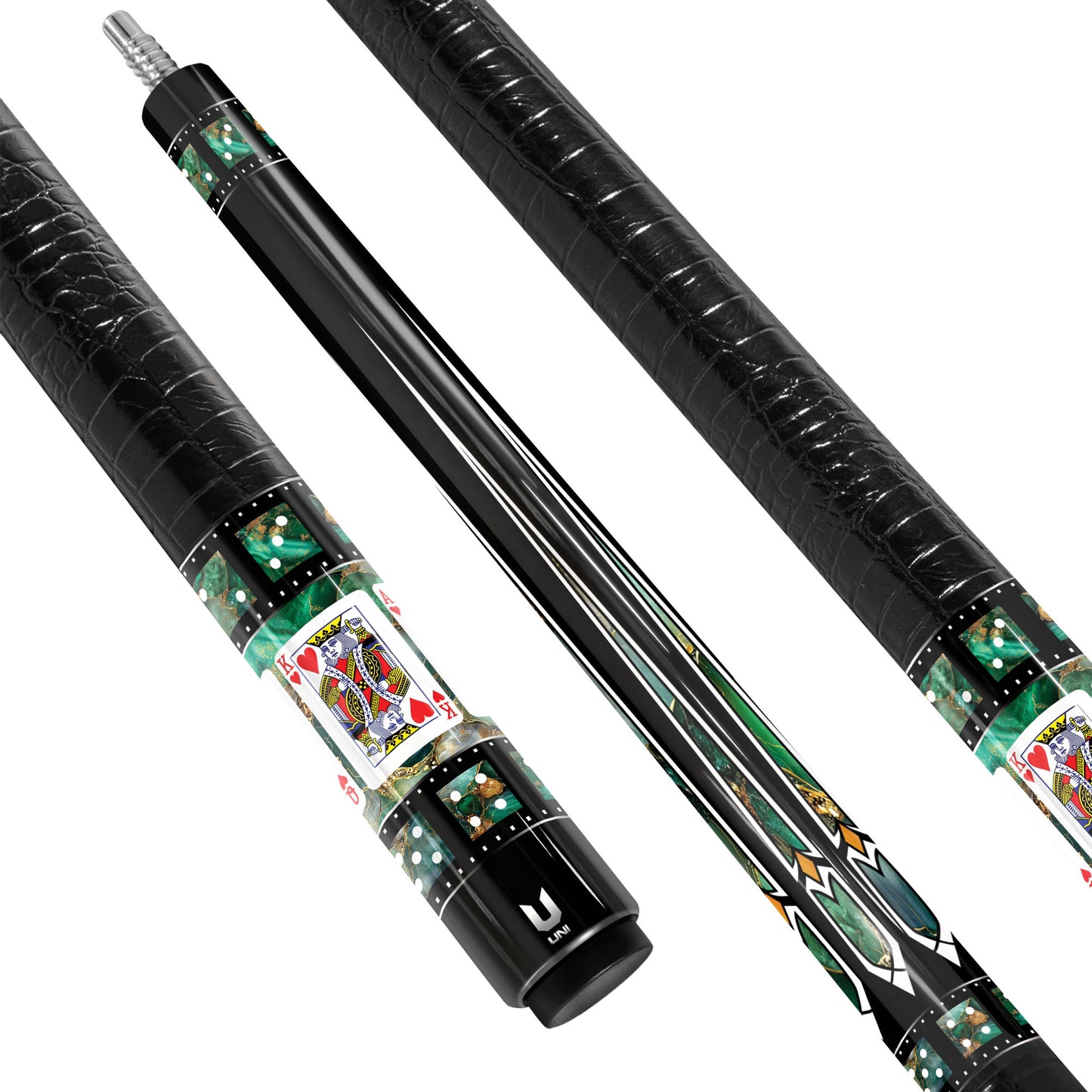 Elite Emerald Casino Carbon Fiber Pool Cue - Green Malachite & Gold Inlay Royal Flush Edition Stick