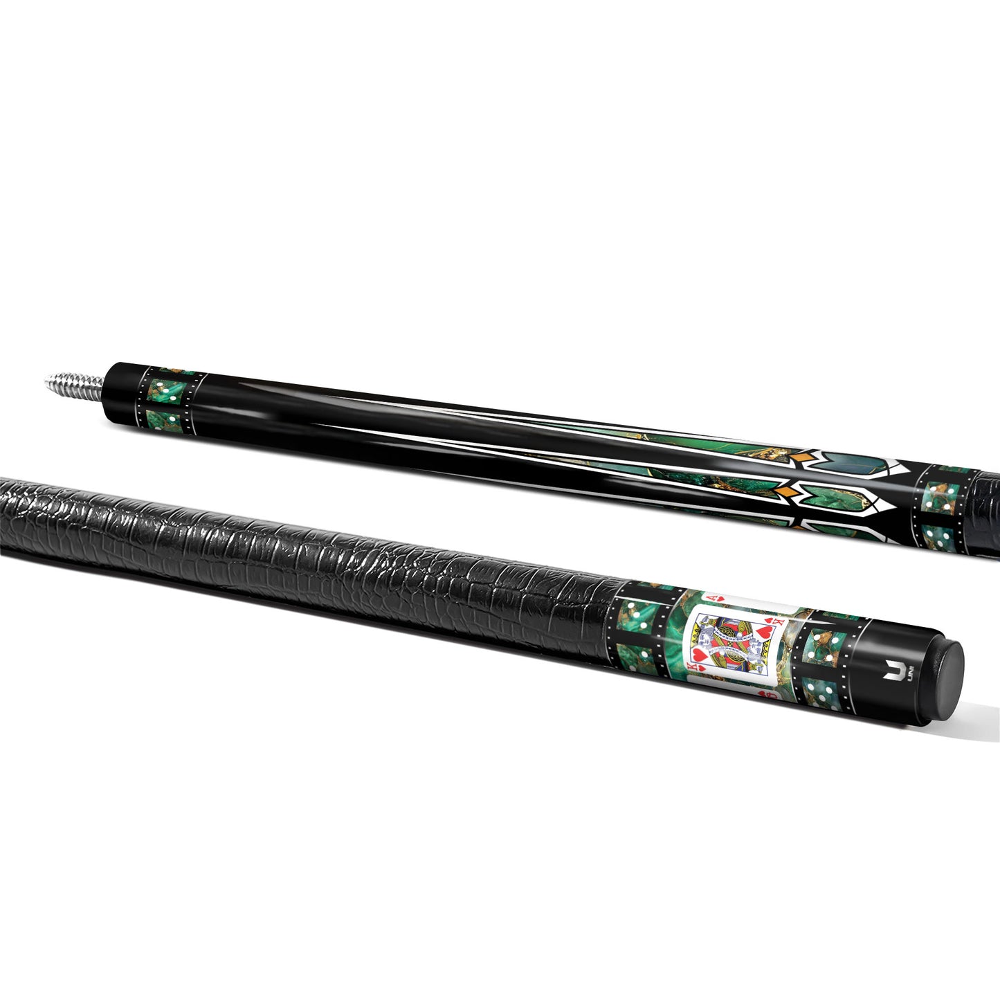 Elite Emerald Casino Carbon Fiber Pool Cue - Green Malachite & Gold Inlay Royal Flush Edition Stick