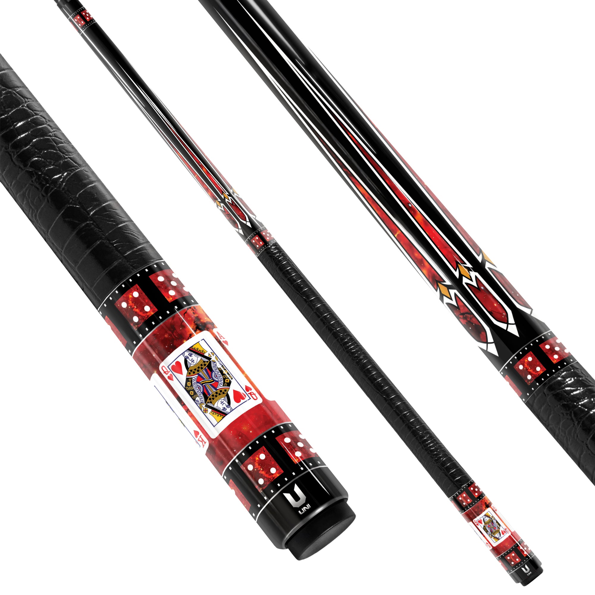 Ultimate Ruby Casino Carbon Fiber Pool Cue - Red Stone Inlay & Royal Flush Spade Edition Stick