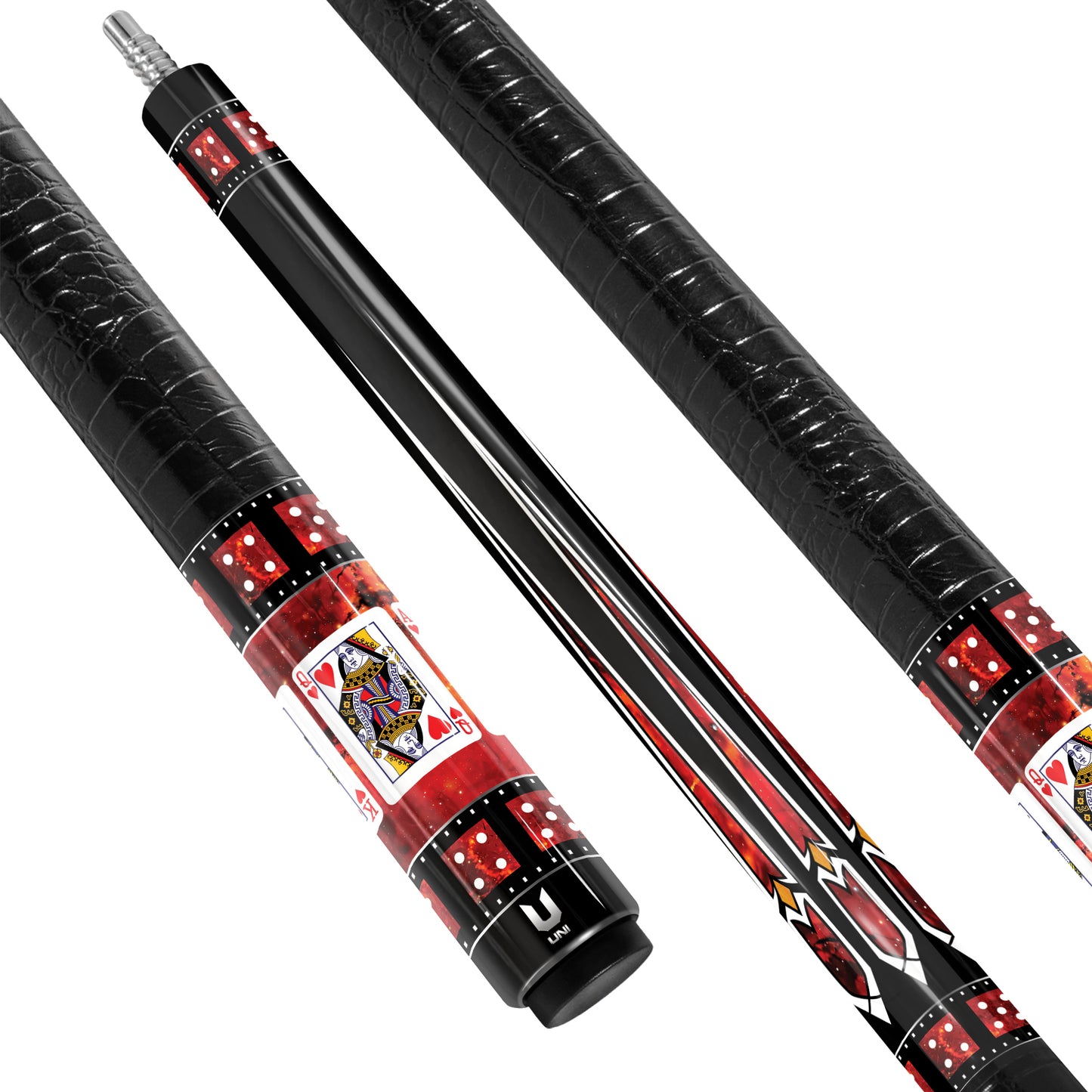 Ultimate Ruby Casino Carbon Fiber Pool Cue - Red Stone Inlay & Royal Flush Spade Edition Stick