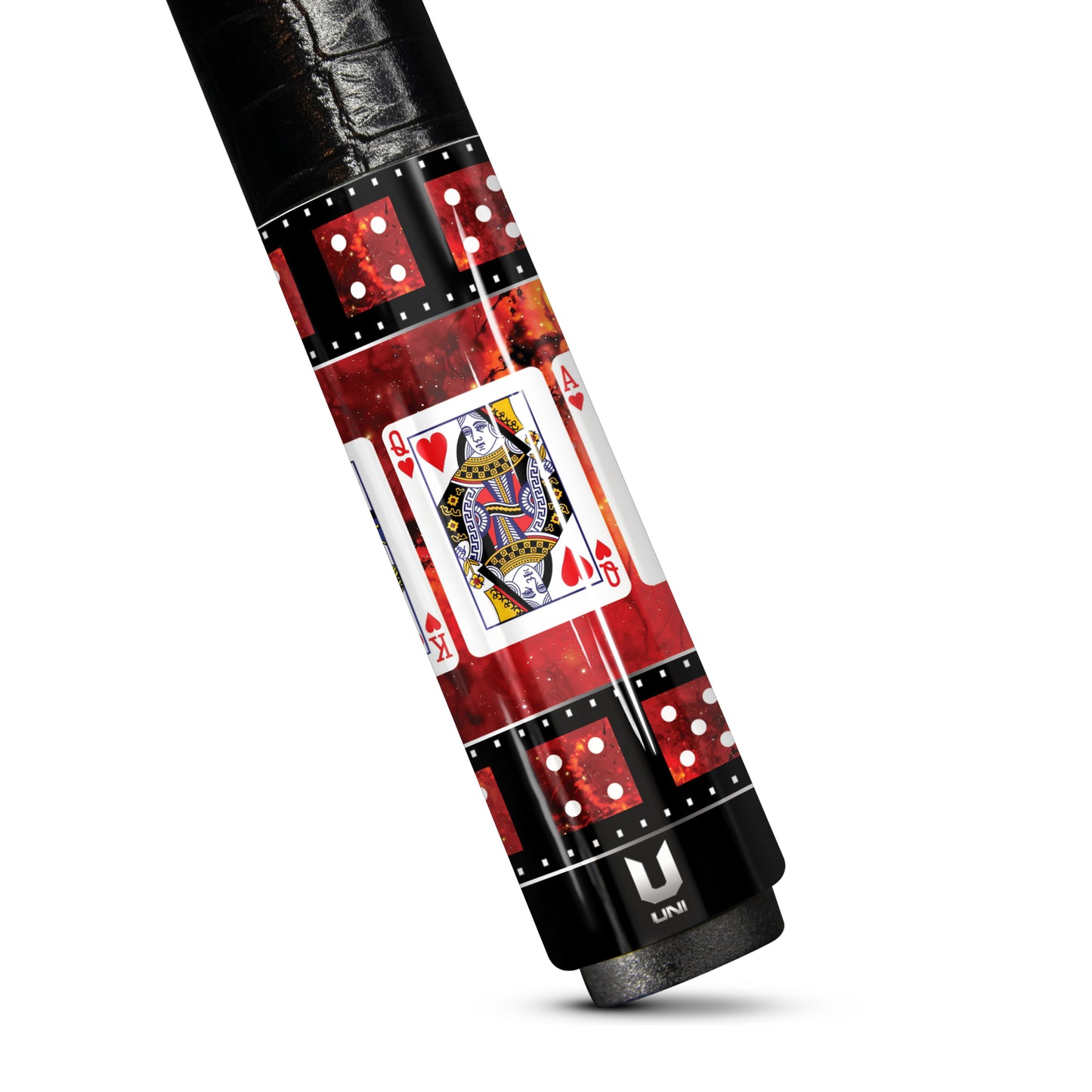 Ultimate Ruby Casino Carbon Fiber Pool Cue - Red Stone Inlay & Royal Flush Spade Edition Stick