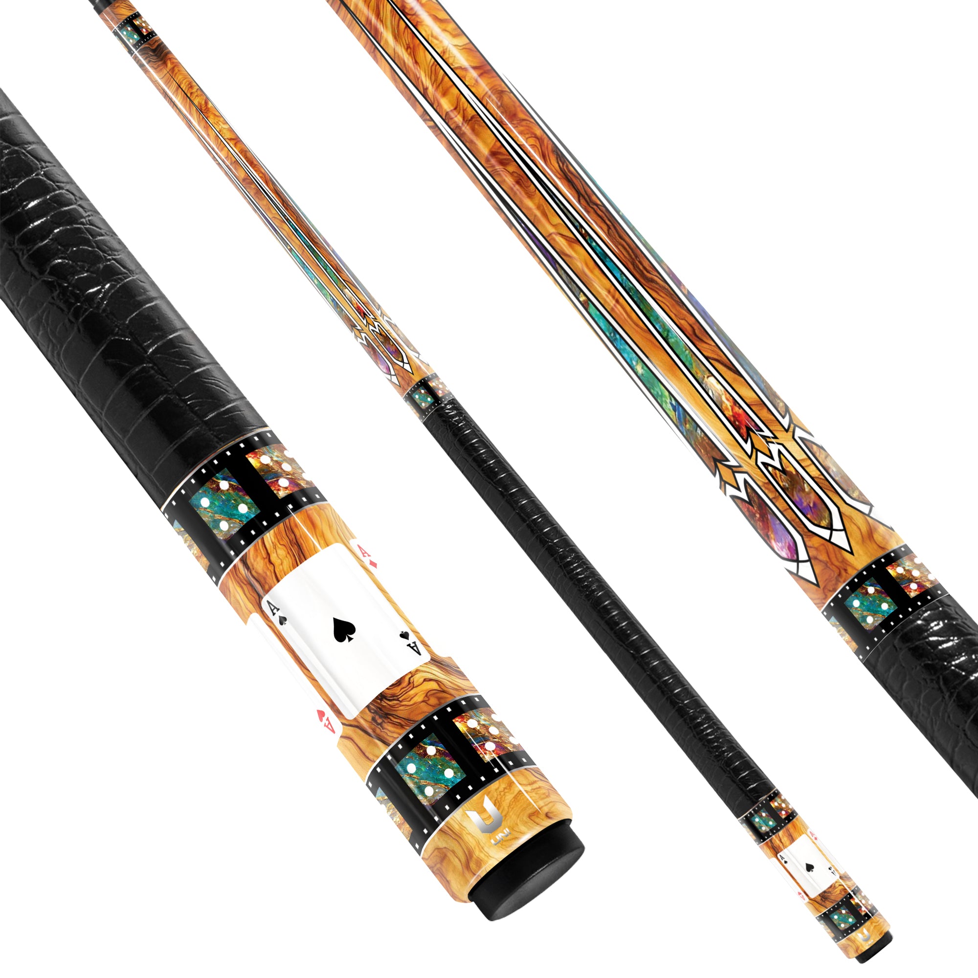 Luxury Mahogany Casino Carbon Fiber Pool Cue - Golden Burl Inlay & Classic Royal Flush Poker Stick