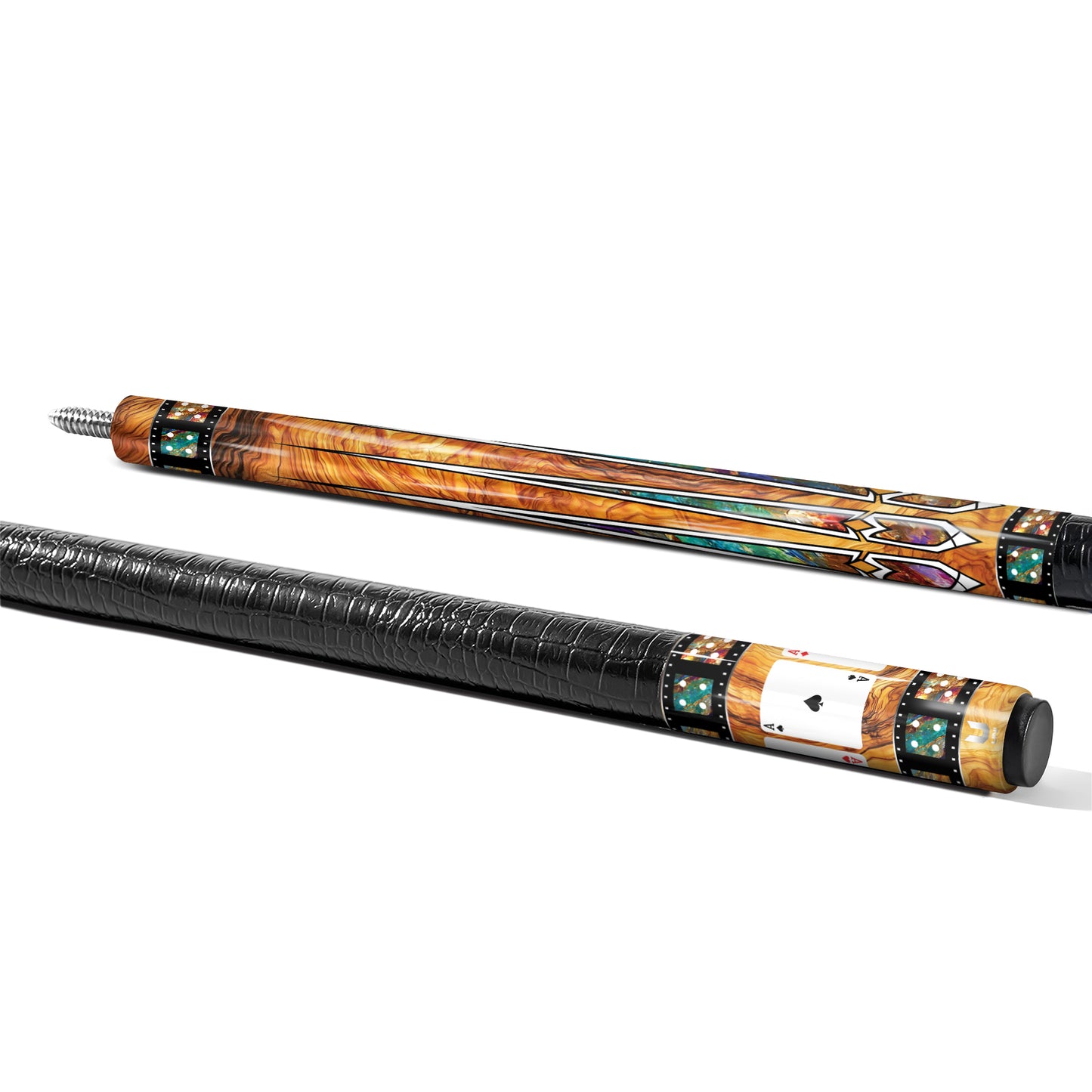 Luxury Mahogany Casino Carbon Fiber Pool Cue - Golden Burl Inlay & Classic Royal Flush Poker Stick