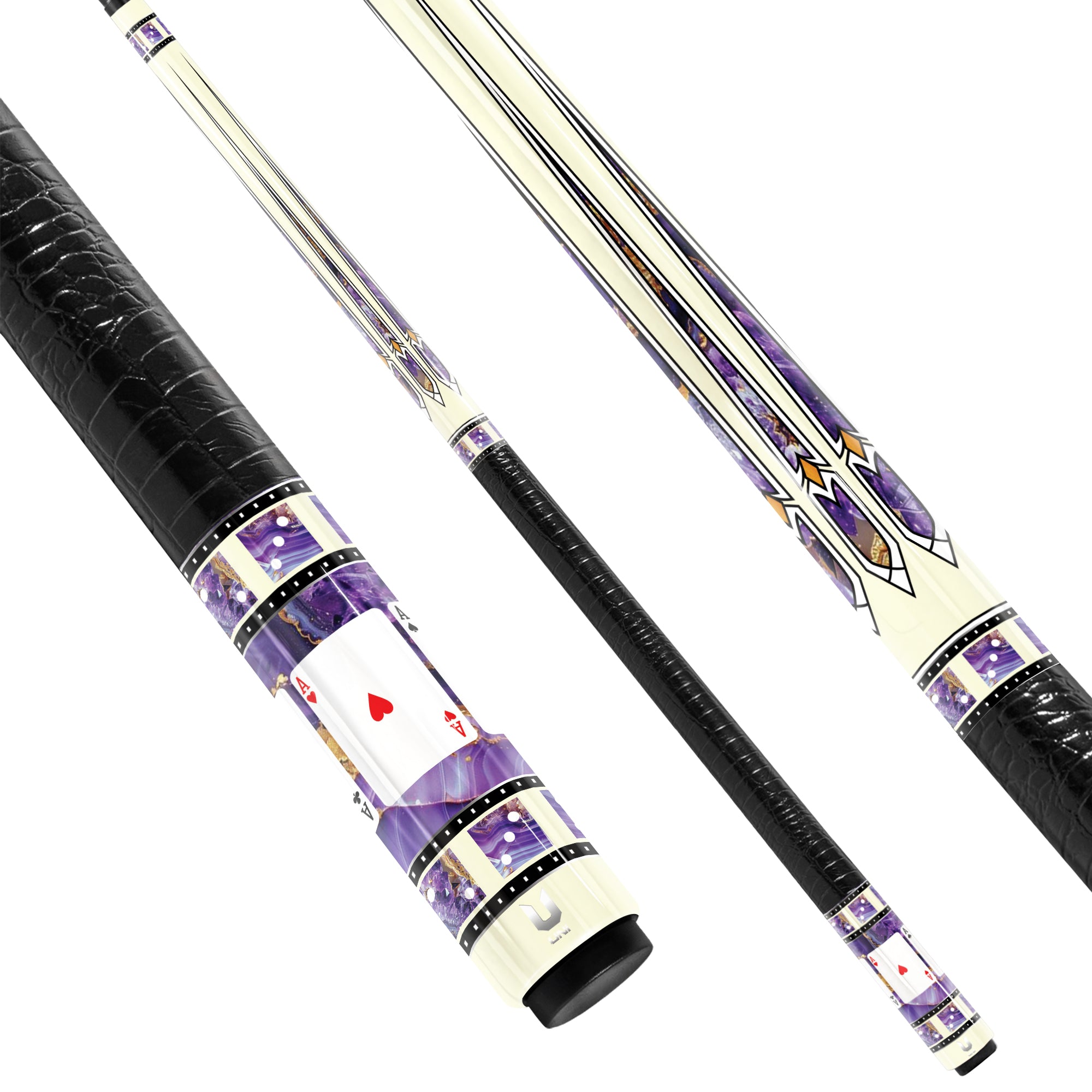 Elite Amethyst Casino Carbon Fiber Pool Cue - Purple Stone Inlay & Galactic Royal Flush Edition Stick