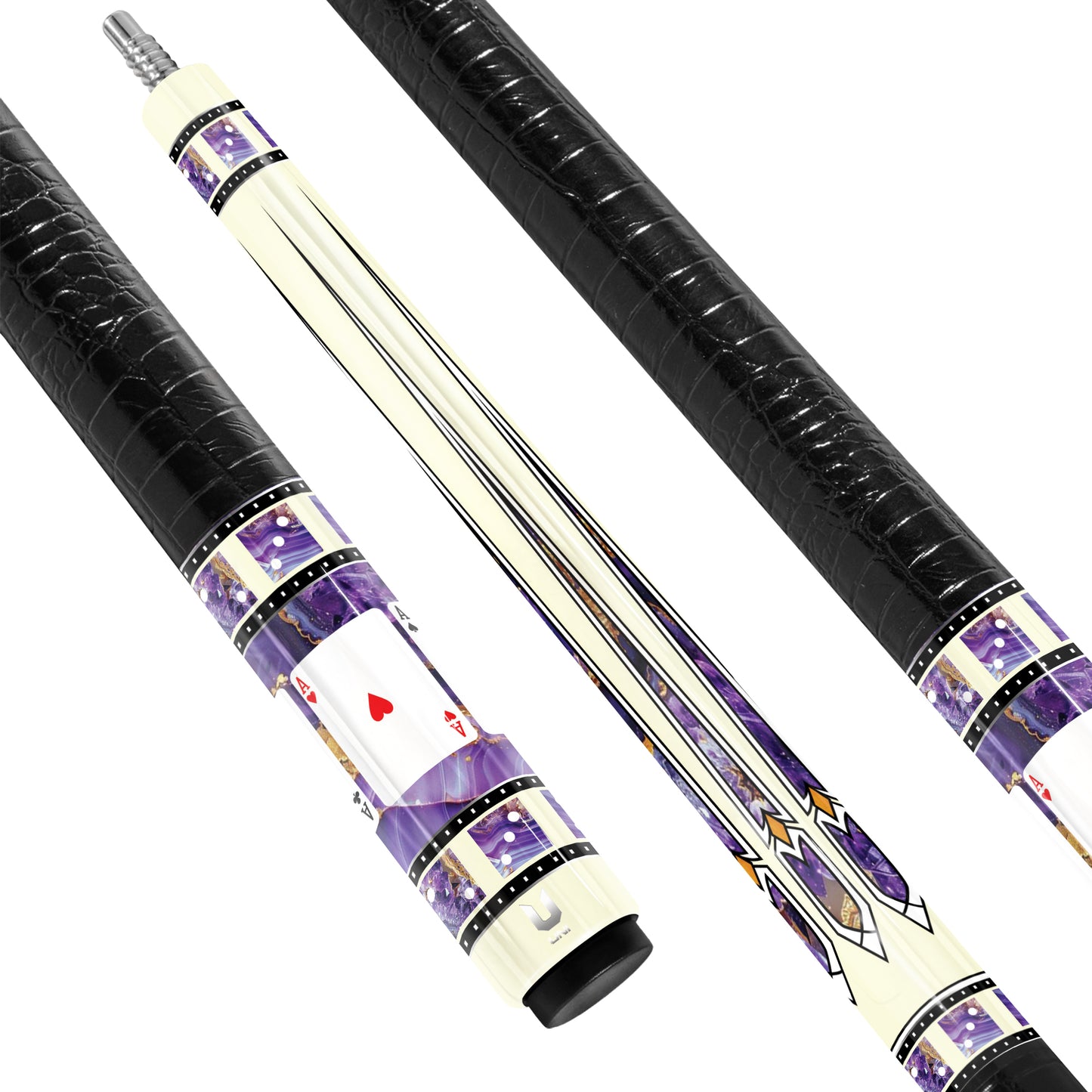 Elite Amethyst Casino Carbon Fiber Pool Cue - Purple Stone Inlay & Galactic Royal Flush Edition Stick
