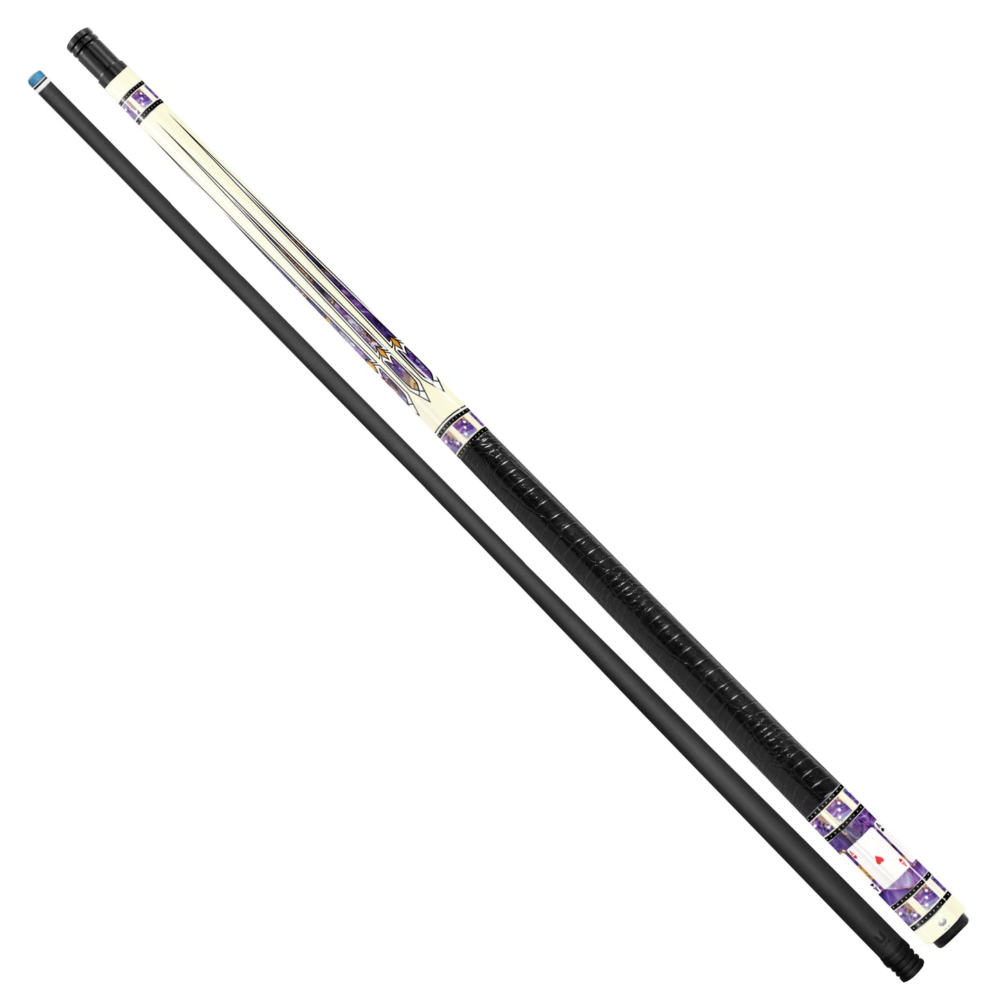 Elite Amethyst Casino Carbon Fiber Pool Cue - Purple Stone Inlay & Galactic Royal Flush Edition Stick