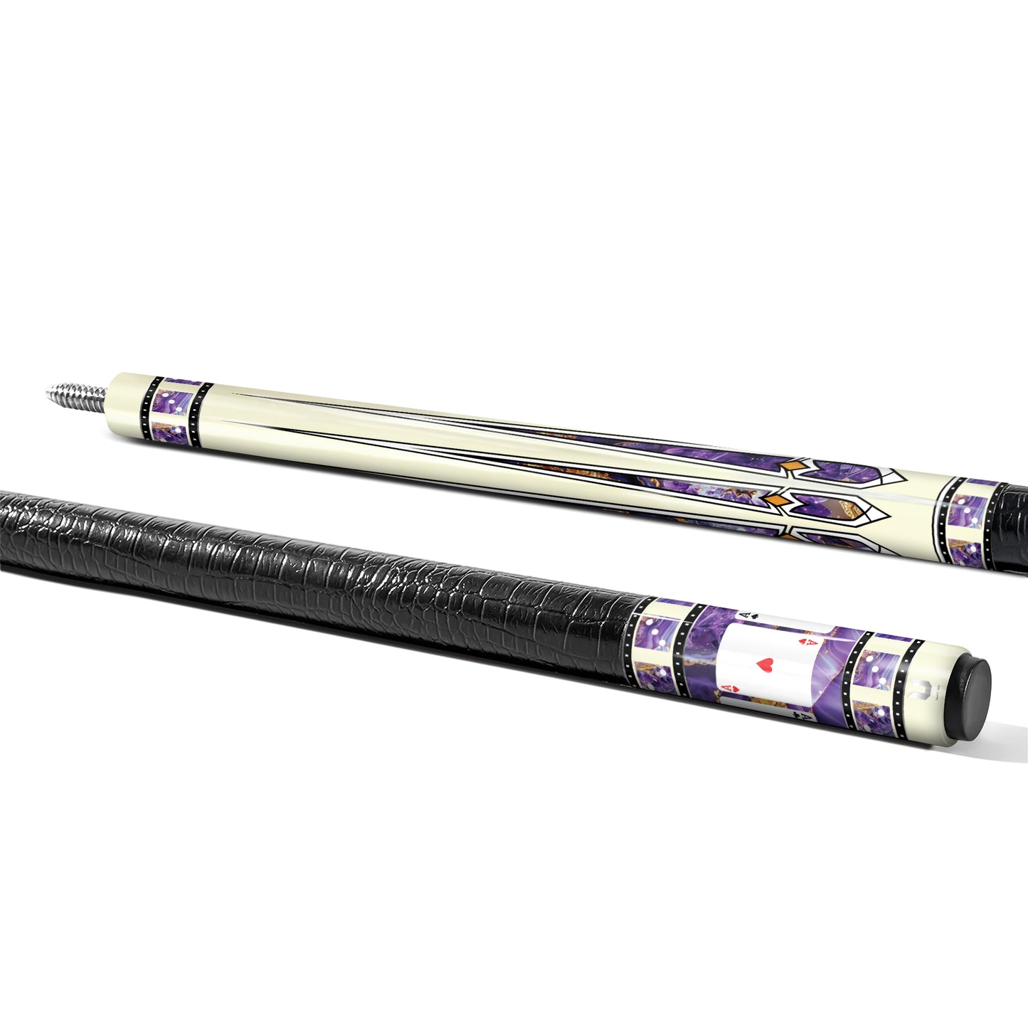 Elite Amethyst Casino Carbon Fiber Pool Cue - Purple Stone Inlay & Galactic Royal Flush Edition Stick