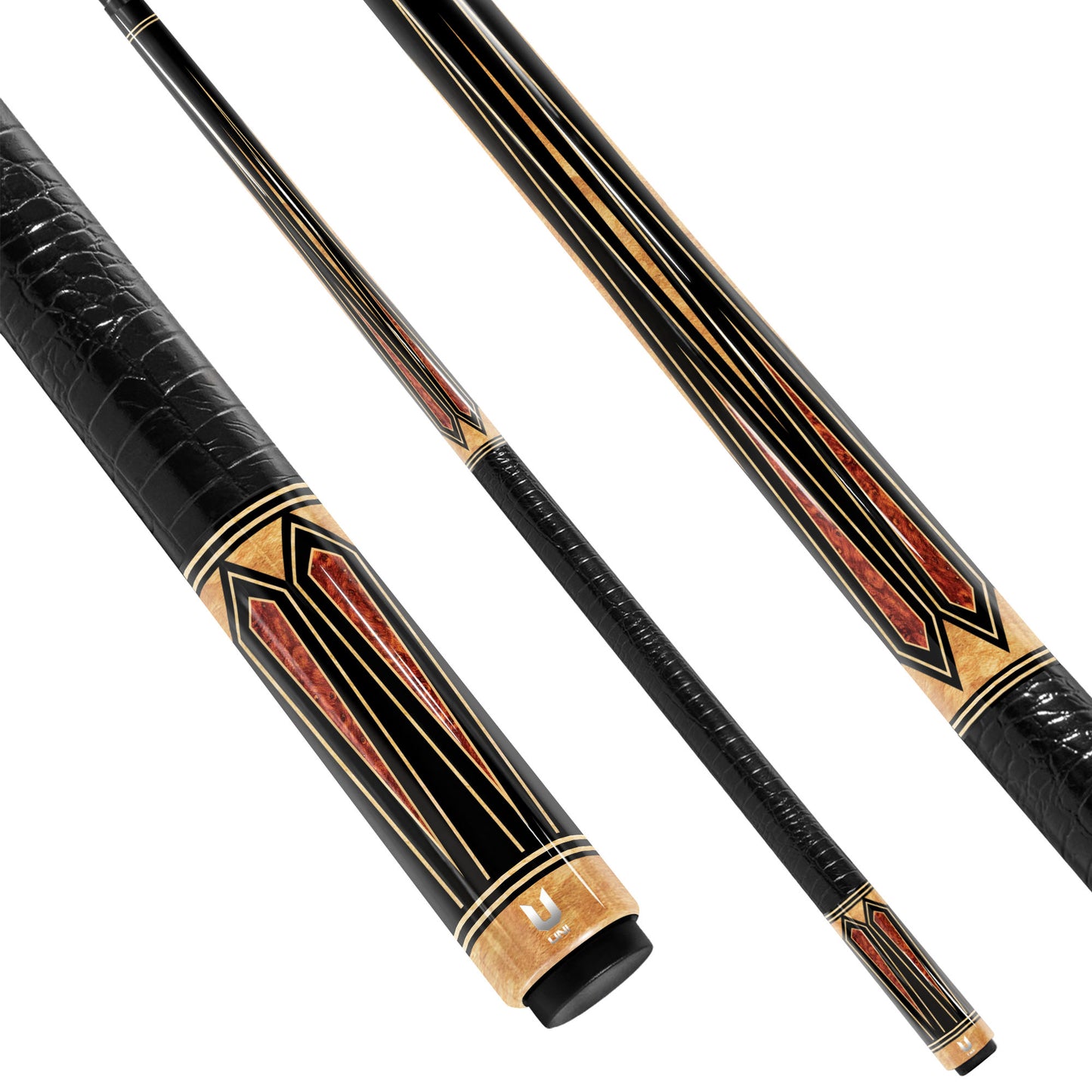 Midnight Ebony Carbon Fiber Pool Cue - Fiery Amber Burl Points & Sandstone Inlay Design