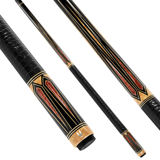 Midnight Ebony Carbon Fiber Pool Cue - Fiery Amber Burl Points & Sandstone Inlay Design