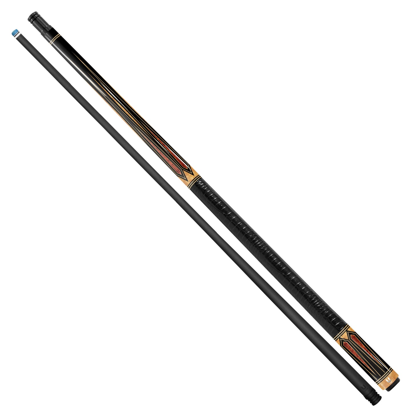 Midnight Ebony Carbon Fiber Pool Cue - Fiery Amber Burl Points & Sandstone Inlay Design