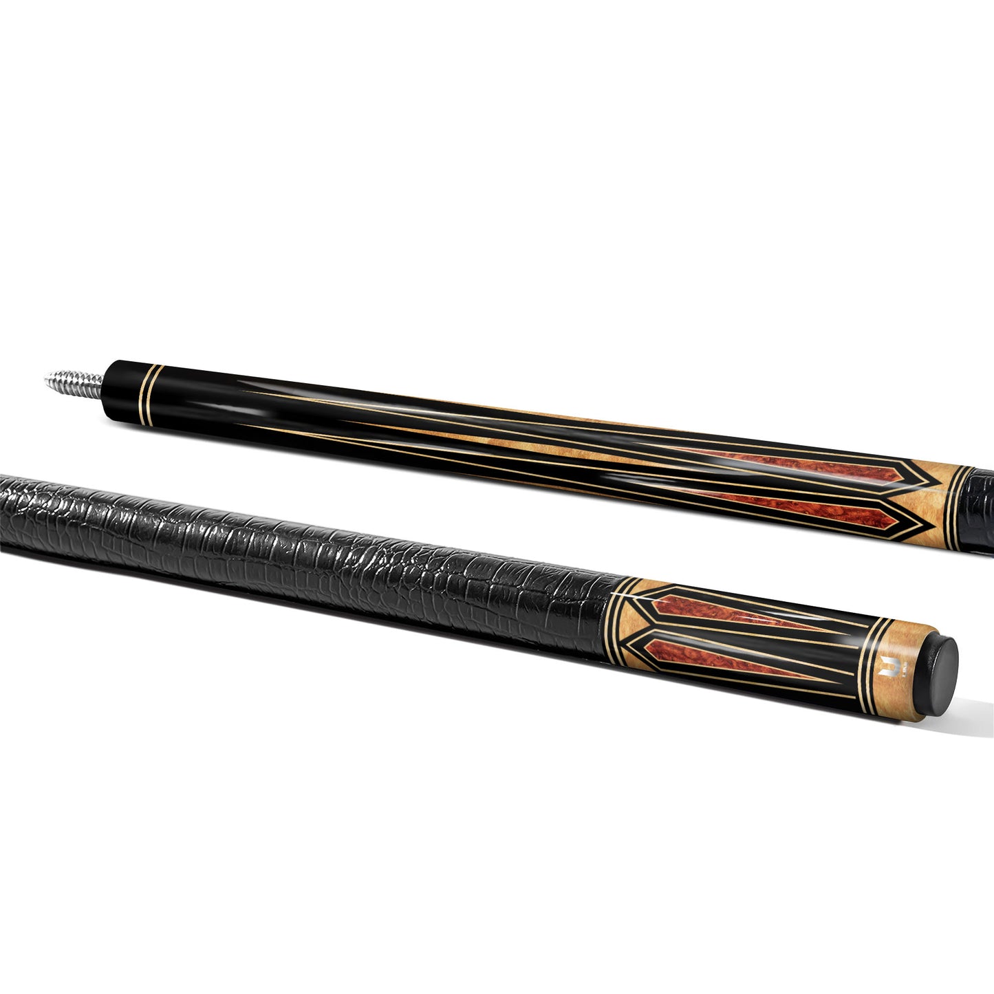 Midnight Ebony Carbon Fiber Pool Cue - Fiery Amber Burl Points & Sandstone Inlay Design