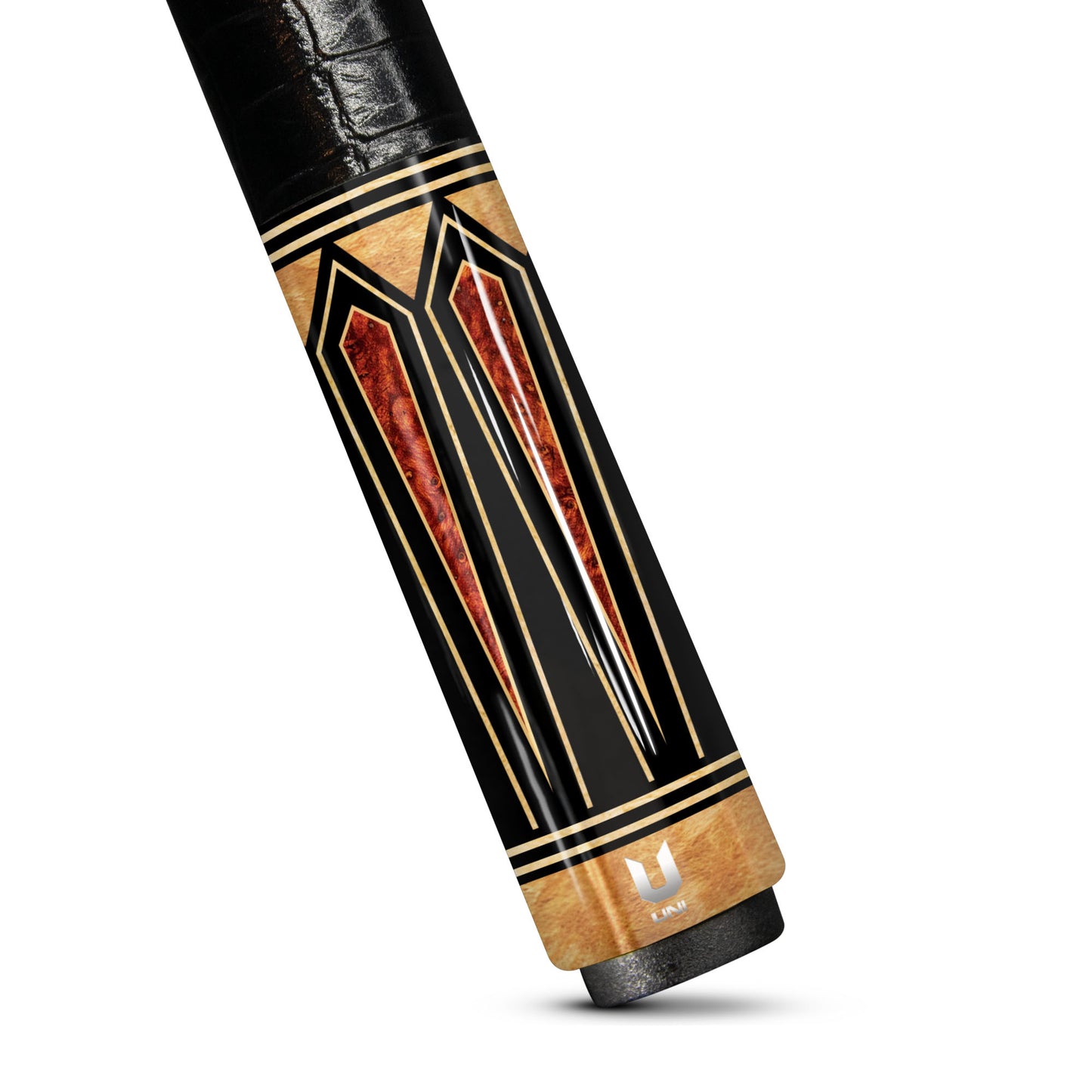 Midnight Ebony Carbon Fiber Pool Cue - Fiery Amber Burl Points & Sandstone Inlay Design