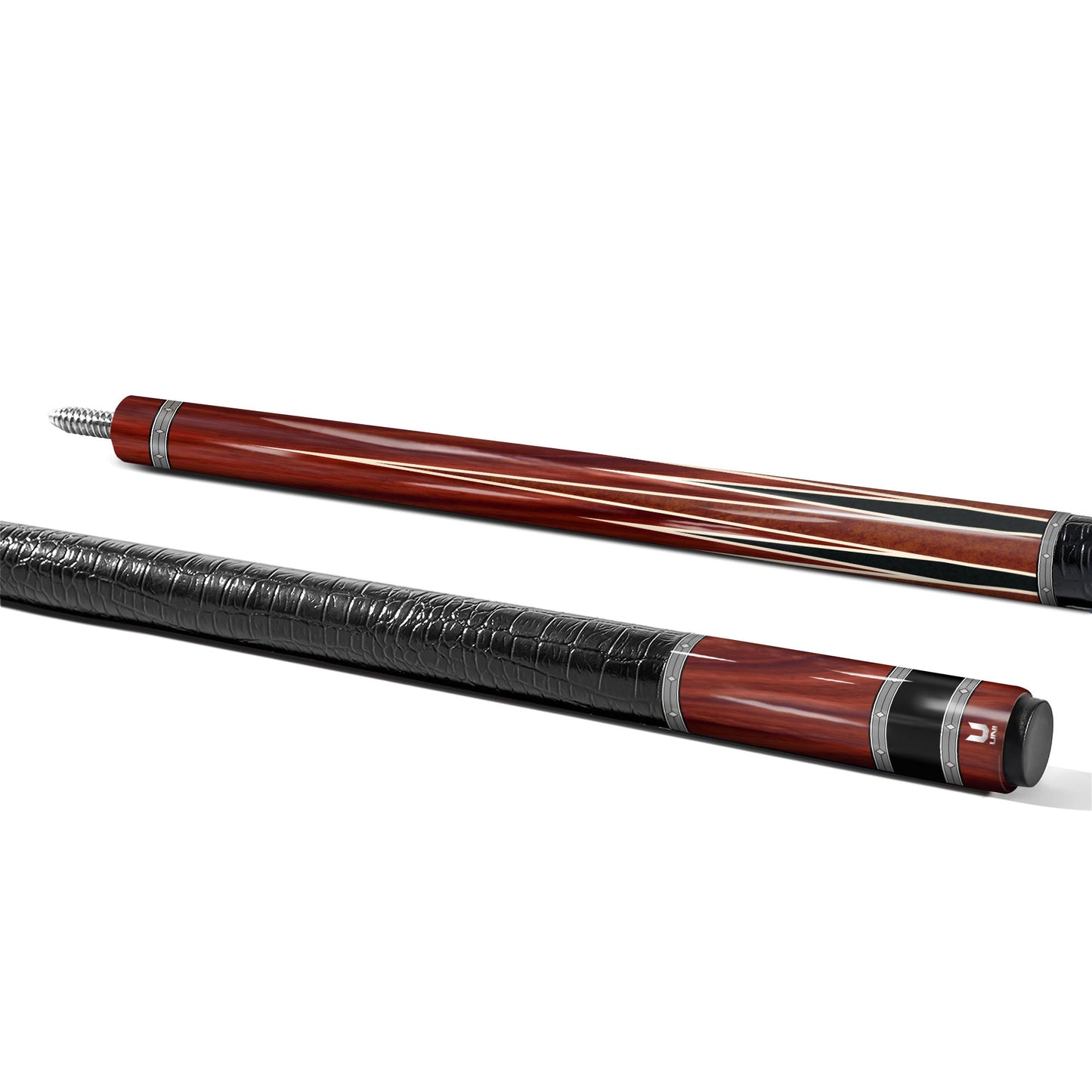 Elite Crimson Cocobolo Carbon Fiber Pool Cue - Vintage Steel Ring & Exotic Rosewood Grain Stick