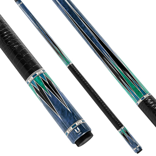Elite Oceanic Abyss Carbon Fiber Pool Cue - Deep Blue Azurite & Emerald Geometric Inlay Stick