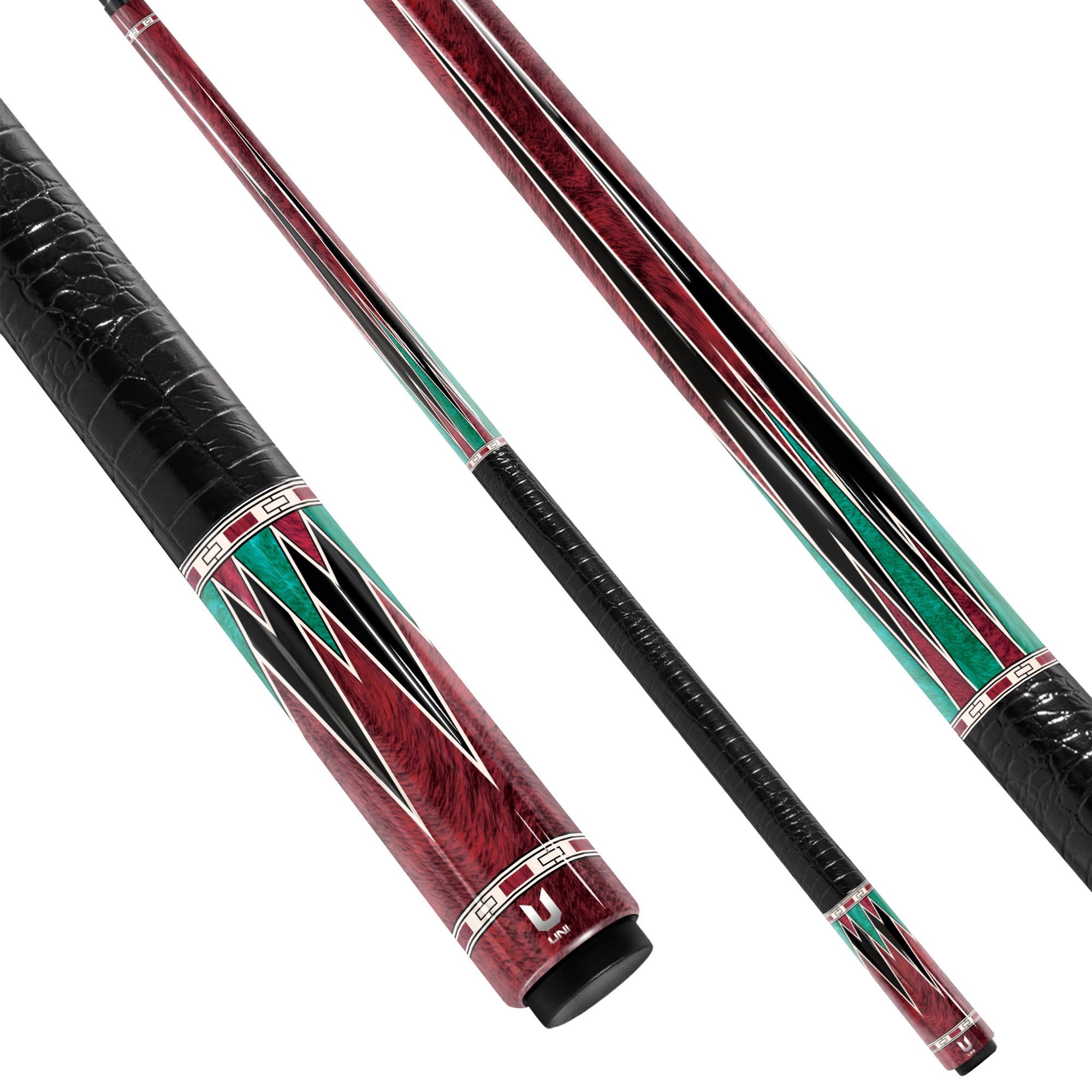 Crimson Maple Burl Carbon Fiber Pool Cue - Malachite Green Inlay & Exotic Wood Grain Design