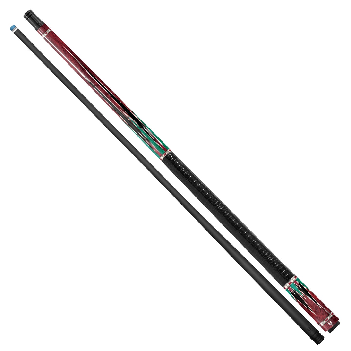 Crimson Maple Burl Carbon Fiber Pool Cue - Malachite Green Inlay & Exotic Wood Grain Design
