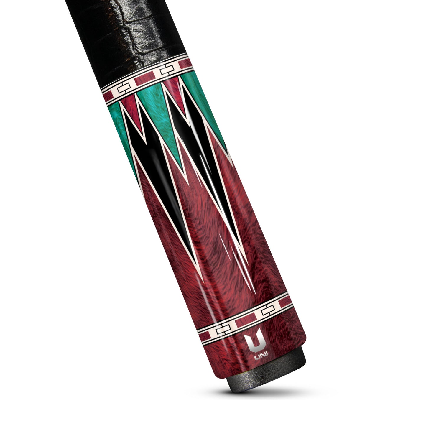 Crimson Maple Burl Carbon Fiber Pool Cue - Malachite Green Inlay & Exotic Wood Grain Design