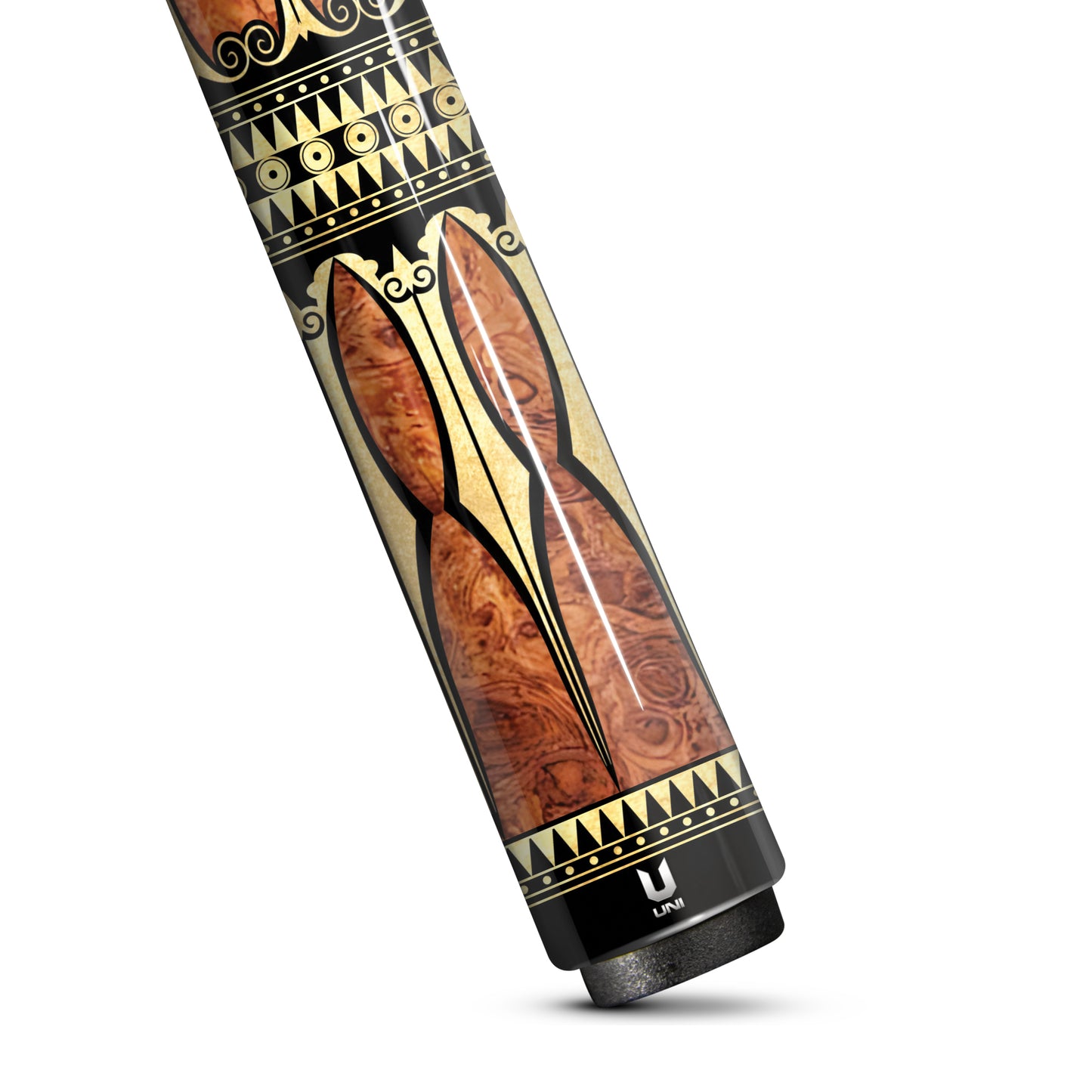 Luxury Royal Burl Carbon Fiber Pool Cue - Ornate Gold Scrollwork & Deep Ruby Heritage Edition Stick